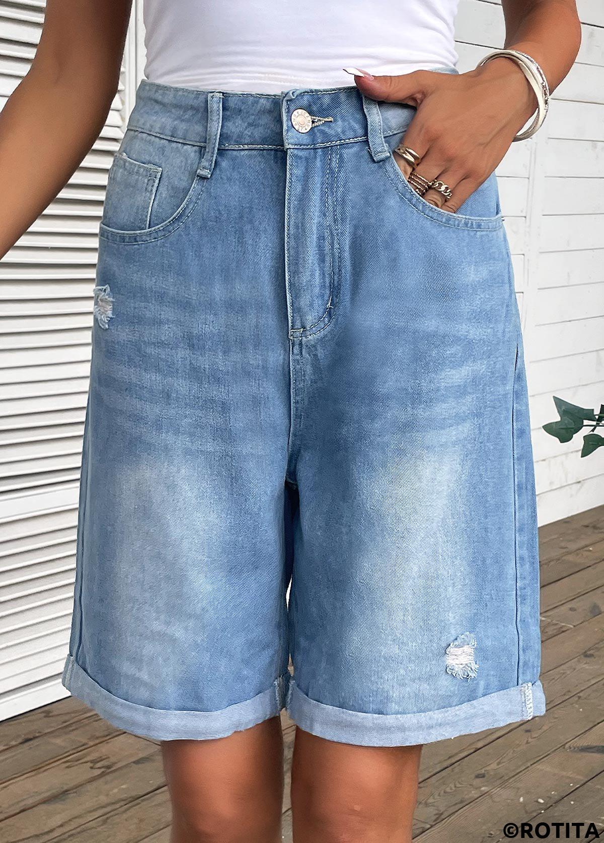 Denim Blue bottoms,Plain Color bottoms,Pocket Denim Blue Button Fly High Waisted Shorts