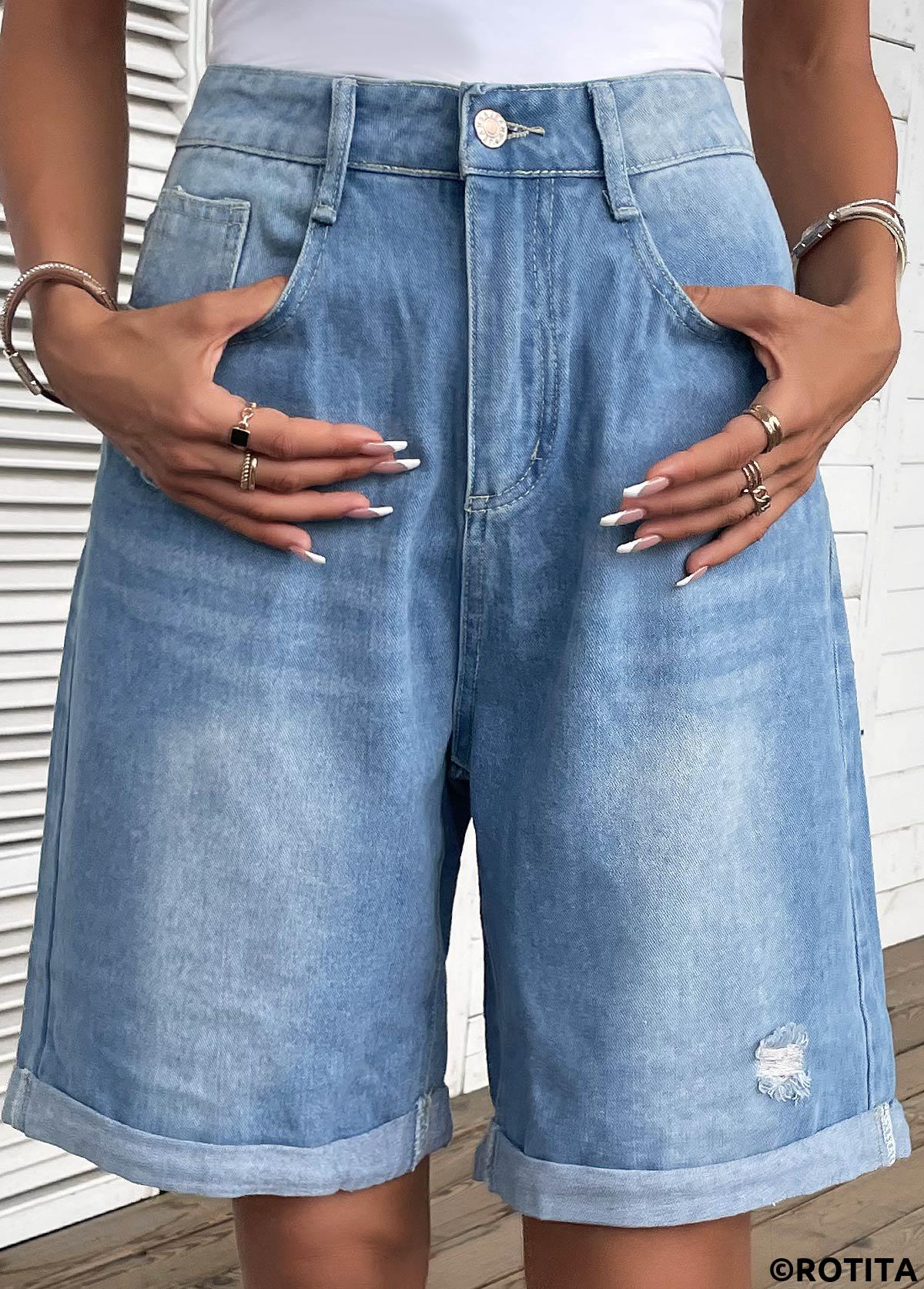 Denim Blue bottoms,Plain Color bottoms,Pocket Denim Blue Button Fly High Waisted Shorts
