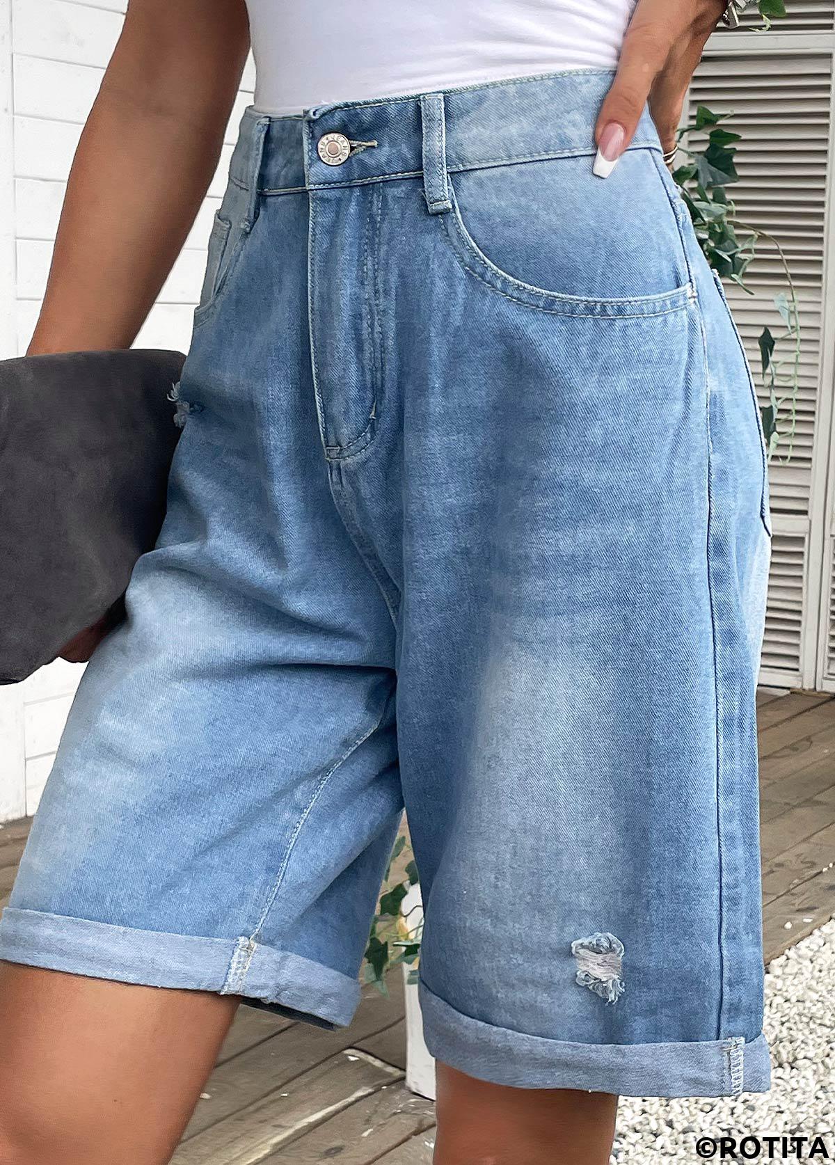 Denim Blue bottoms,Plain Color bottoms,Pocket Denim Blue Button Fly High Waisted Shorts