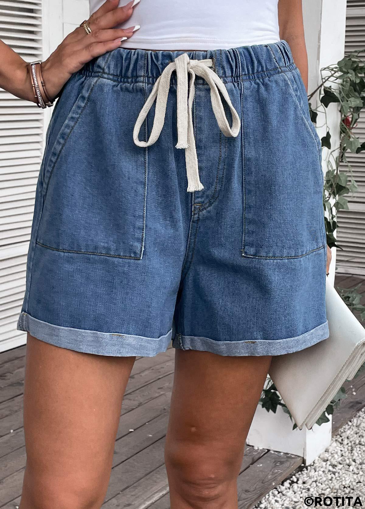 Denim Blue bottoms,Plain Color bottoms,Pocket Drawastring High Waisted Denim Shorts