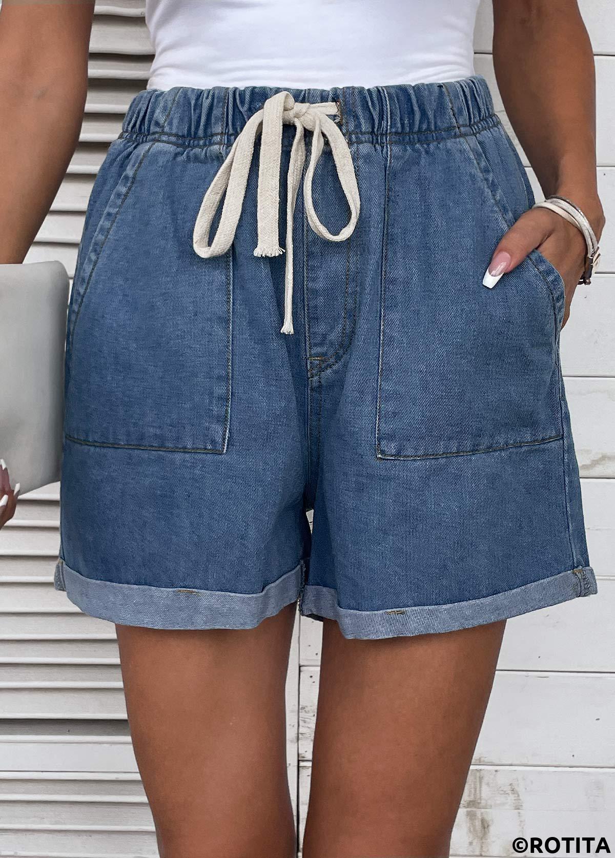 Denim Blue bottoms,Plain Color bottoms,Pocket Drawastring High Waisted Denim Shorts