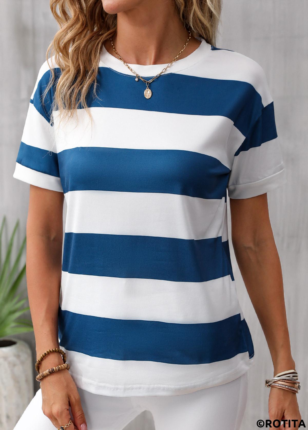 Striped Blue Round Neck Short Sleeve T Shirt