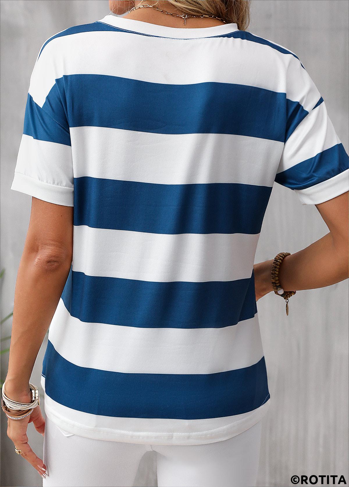Striped Blue Round Neck Short Sleeve T Shirt