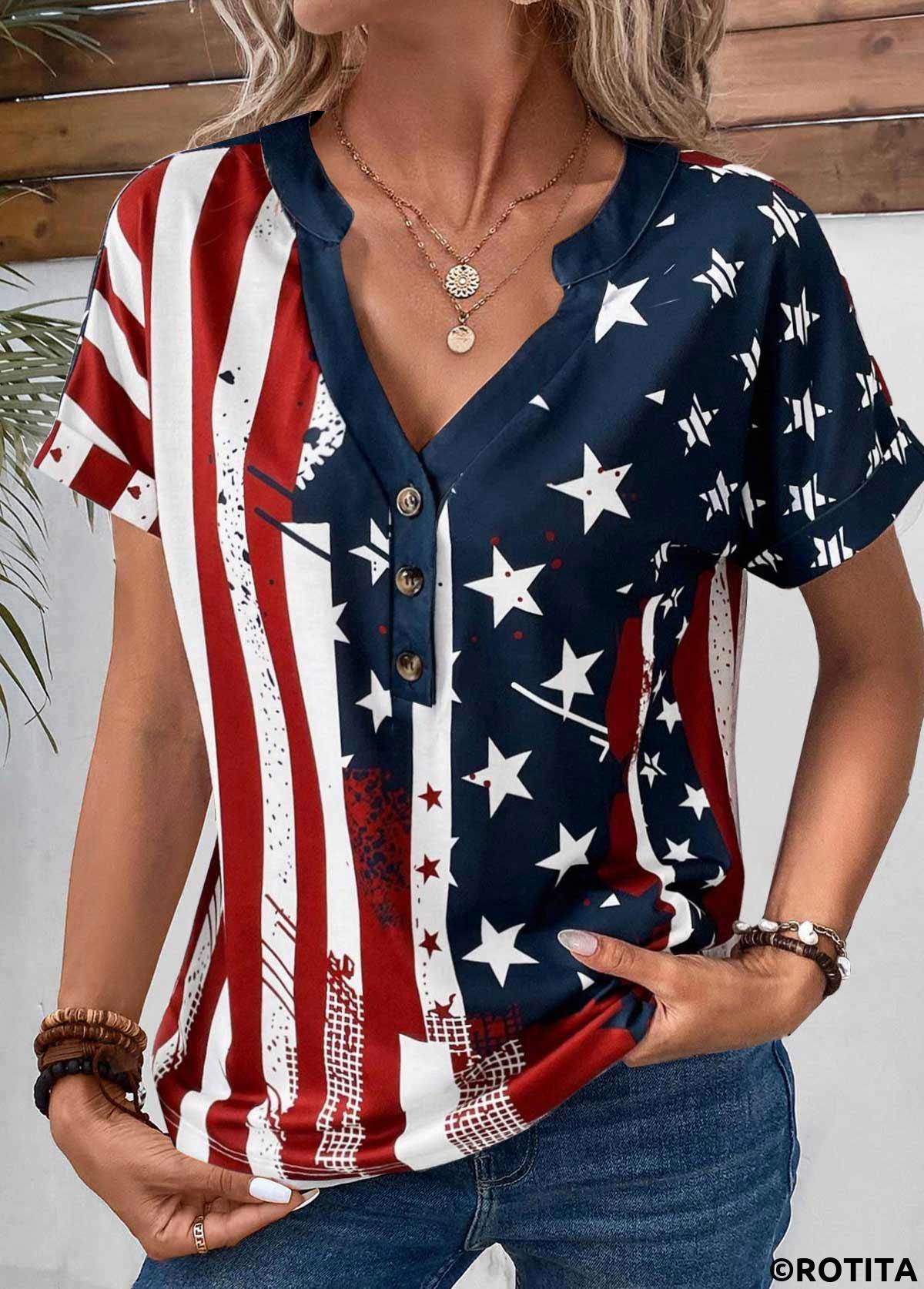 Multi Color tops,Flag tops,ROTITA Button American Flag Print Multi Color T Shirt