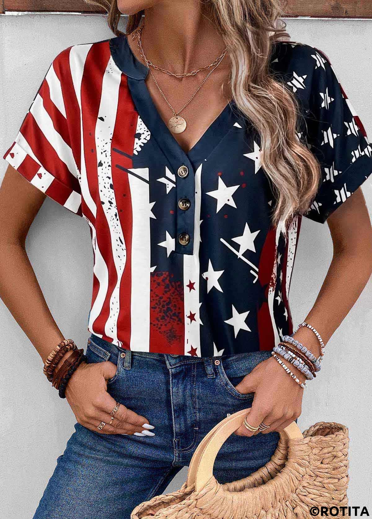 Multi Color tops,Flag tops,ROTITA Button American Flag Print Multi Color T Shirt