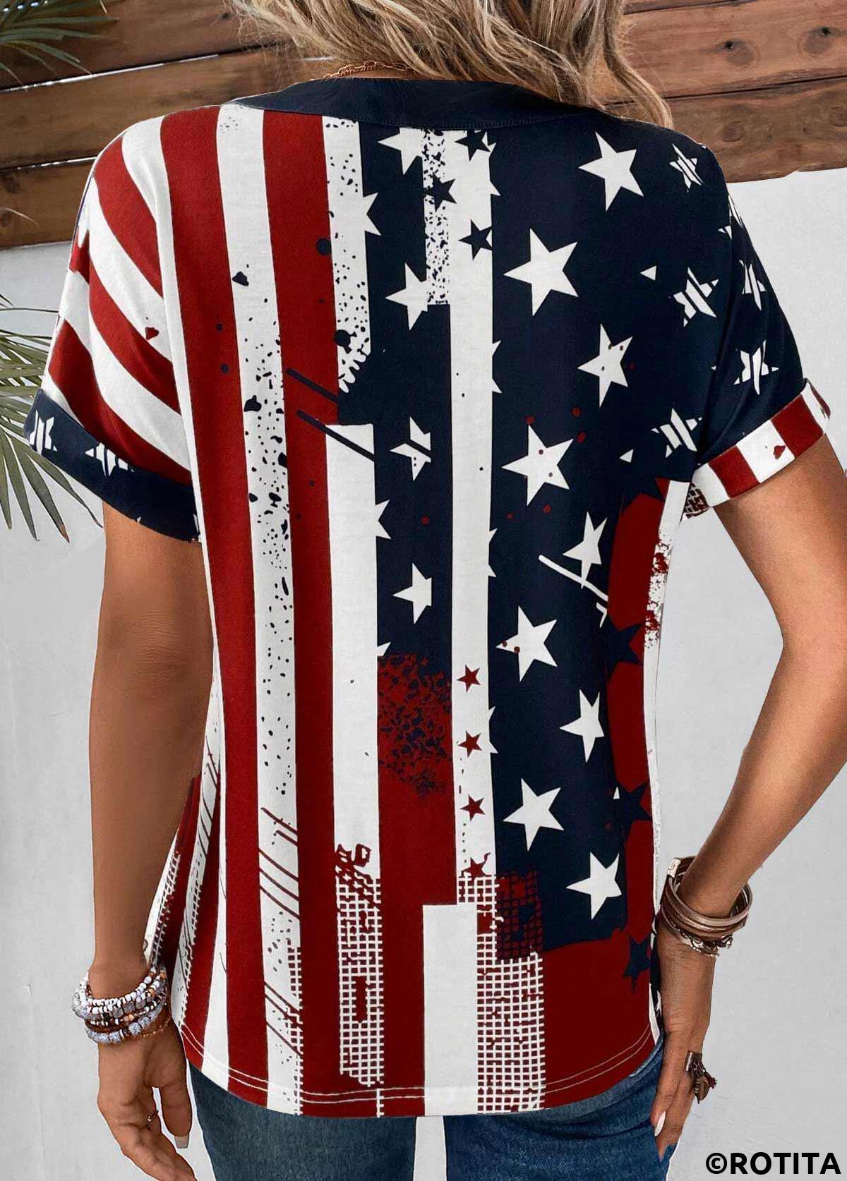 Multi Color tops,Flag tops,ROTITA Button American Flag Print Multi Color T Shirt