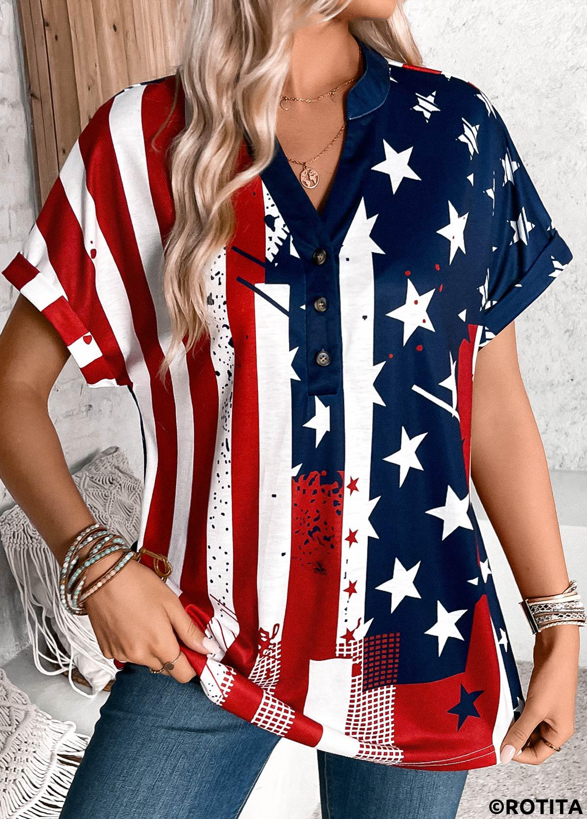 Multi Color tops,Flag tops,ROTITA Button American Flag Print Multi Color T Shirt