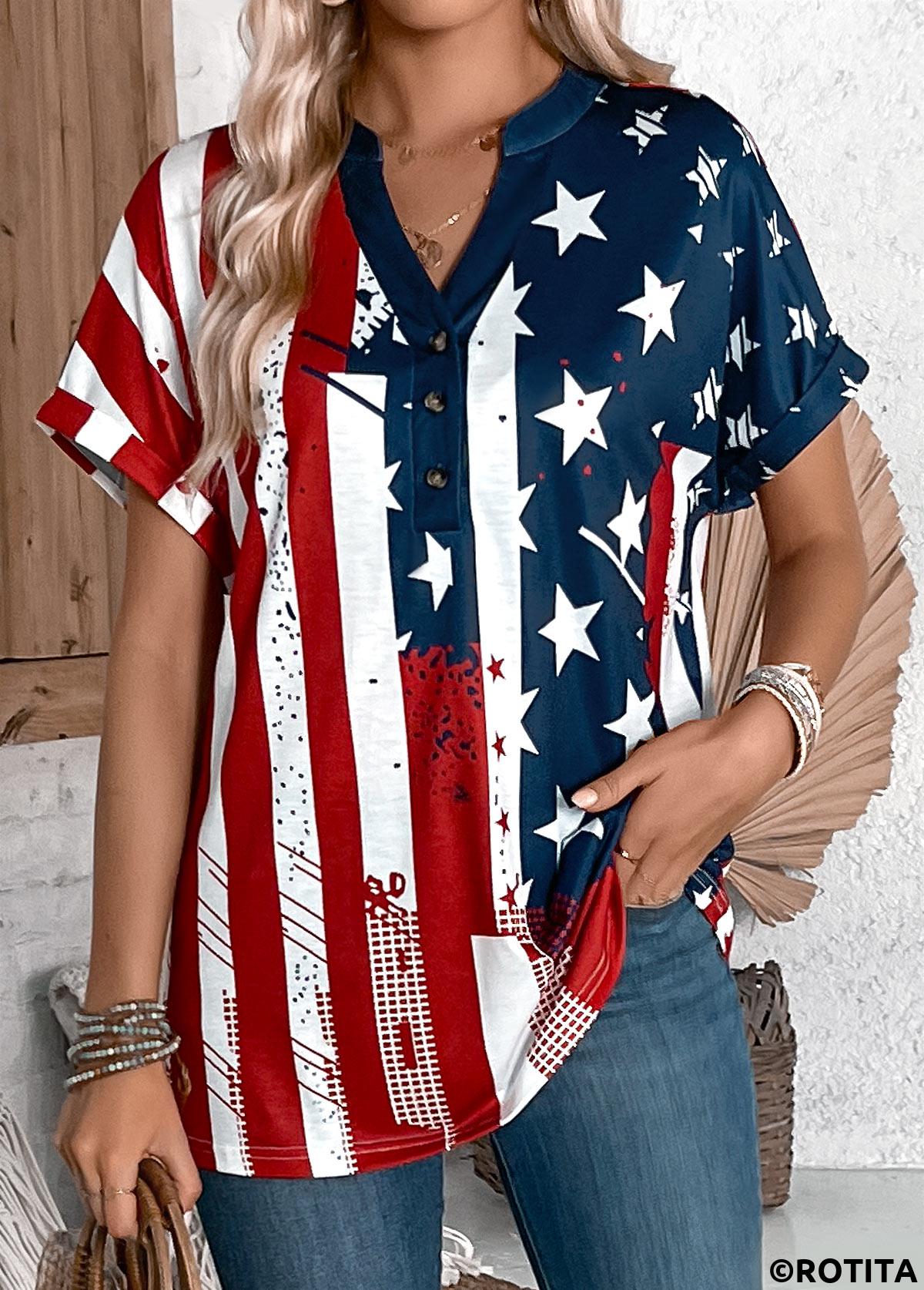 Multi Color tops,Flag tops,ROTITA Button American Flag Print Multi Color T Shirt
