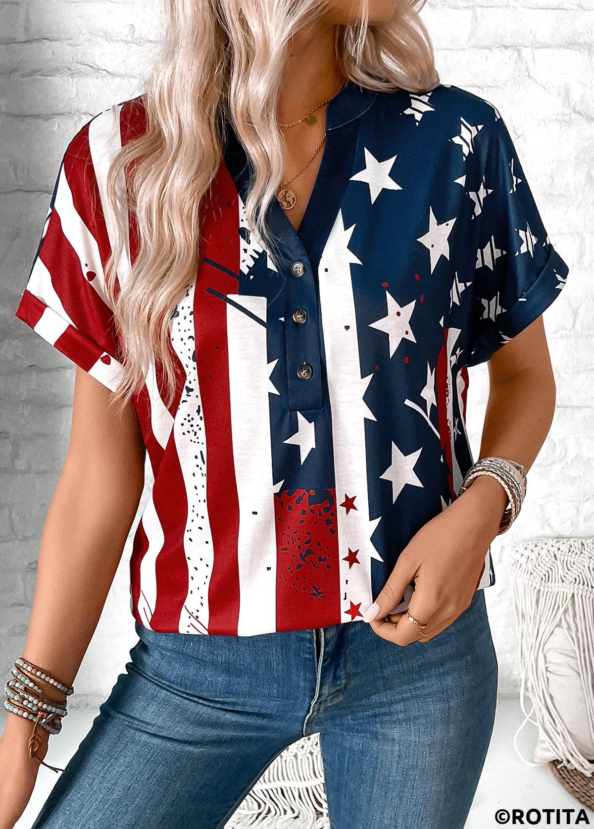 Multi Color tops,Flag tops,ROTITA Button American Flag Print Multi Color T Shirt