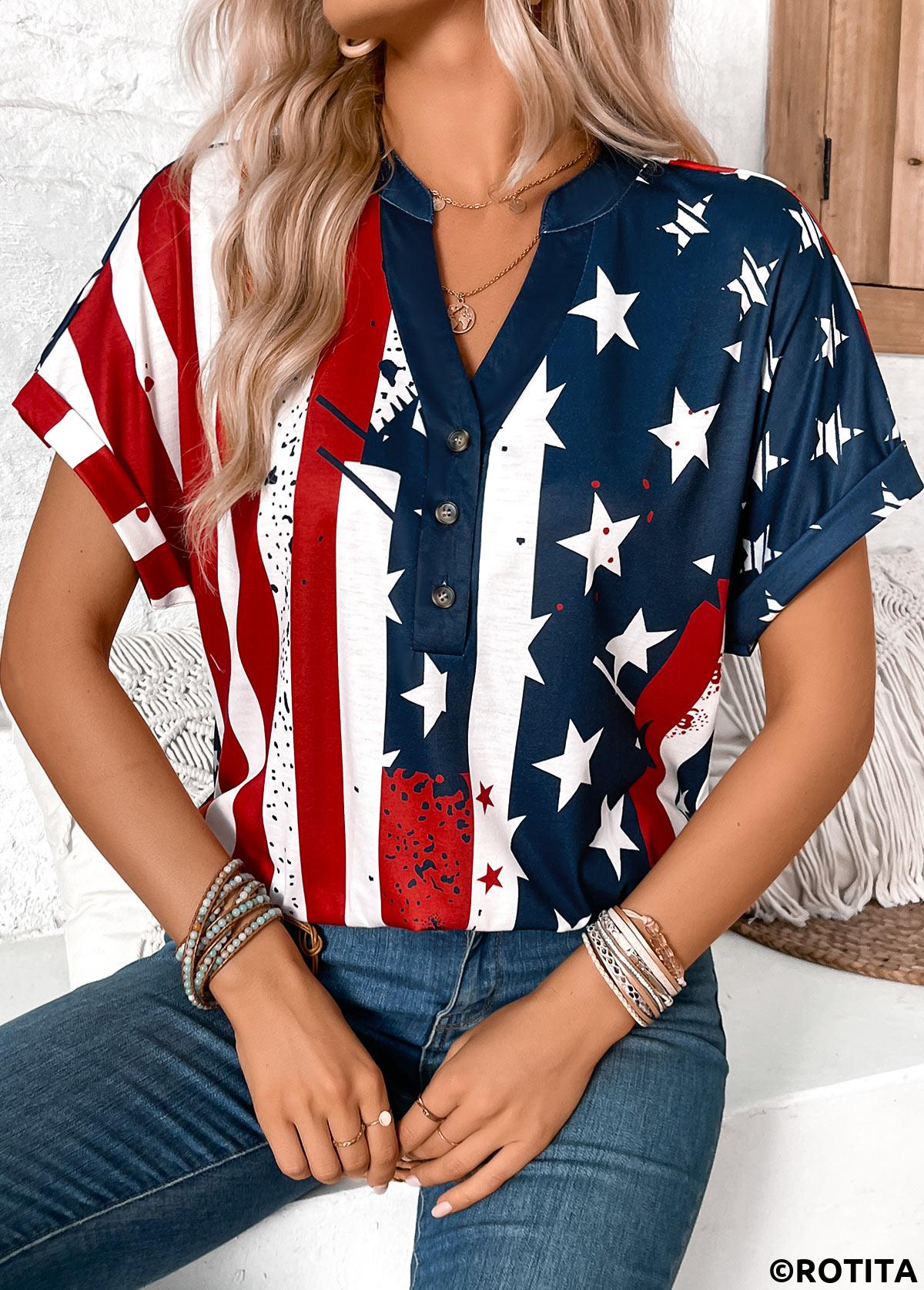 Multi Color tops,Flag tops,ROTITA Button American Flag Print Multi Color T Shirt