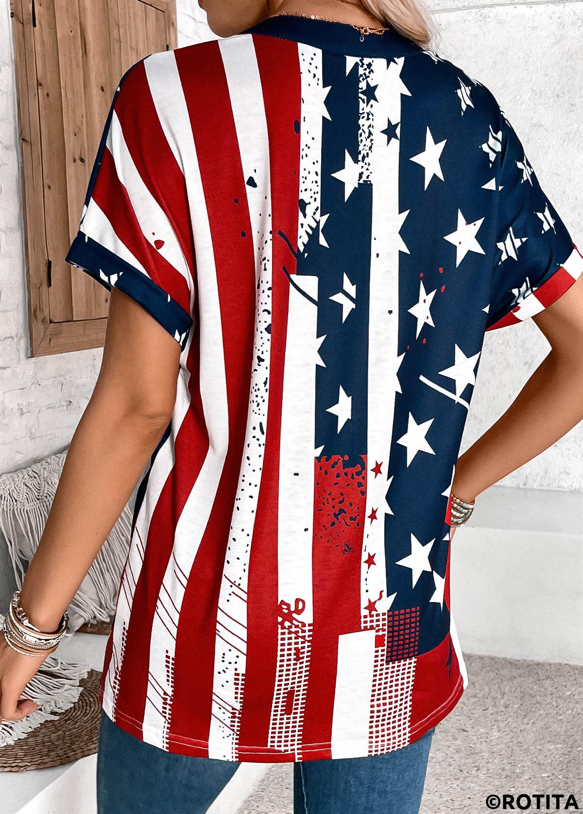 Multi Color tops,Flag tops,ROTITA Button American Flag Print Multi Color T Shirt
