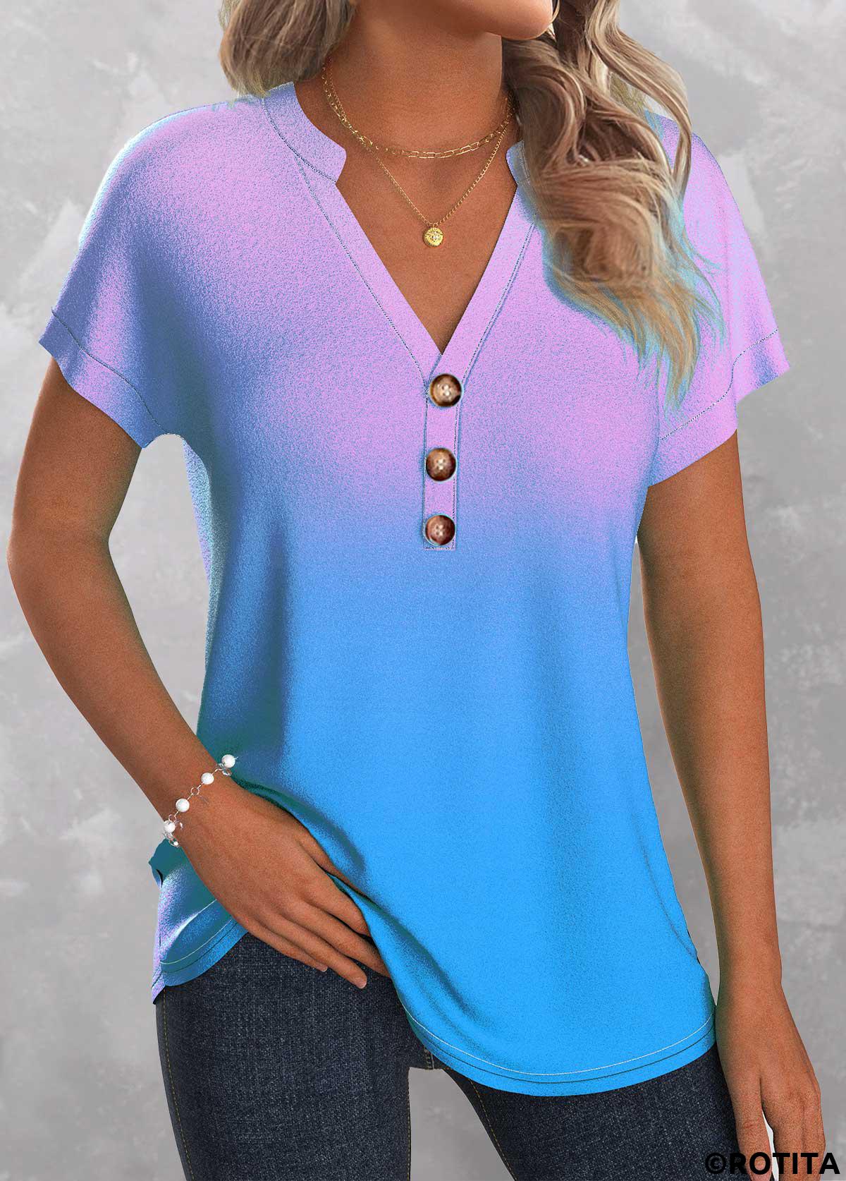 Sky Blue tops,Light Purple tops,Ombre tops,ROTITA Button Ombre Sky Blue Split Neck T Shirt