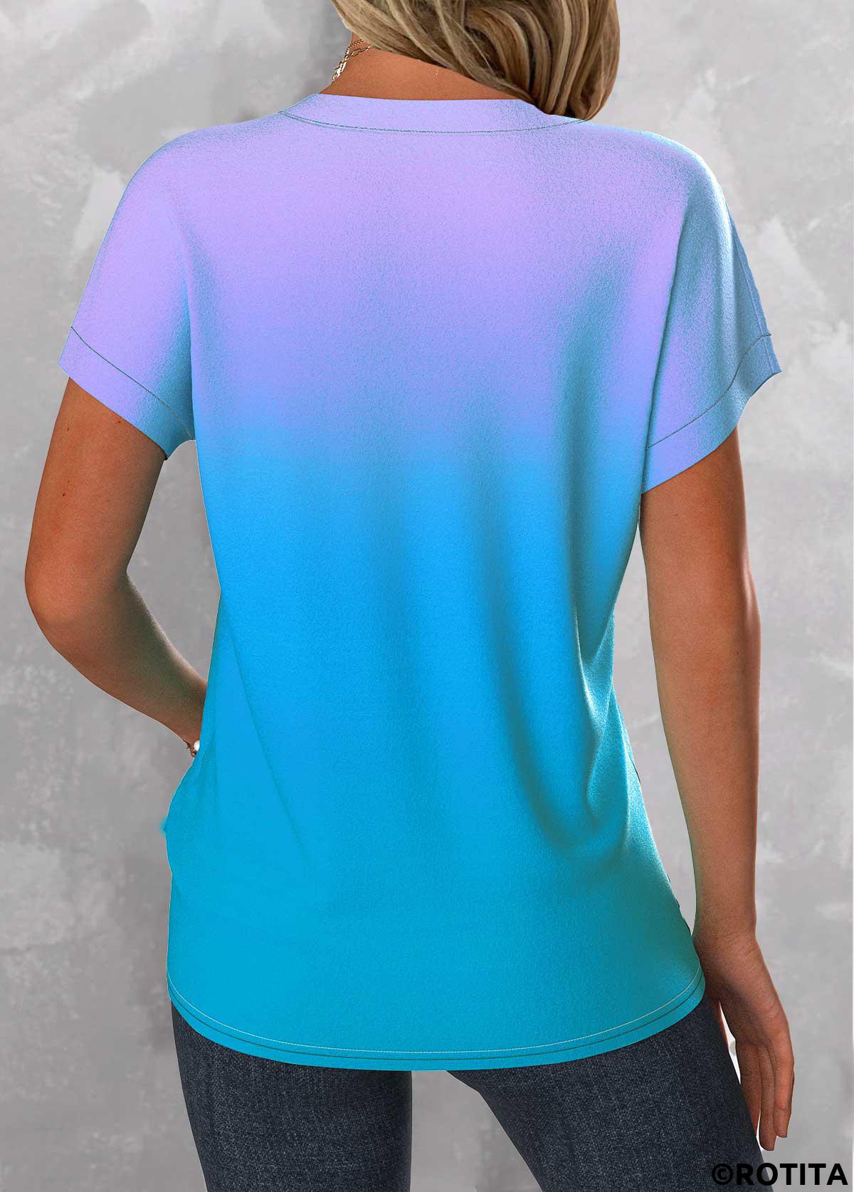 Sky Blue tops,Light Purple tops,Ombre tops,ROTITA Button Ombre Sky Blue Split Neck T Shirt