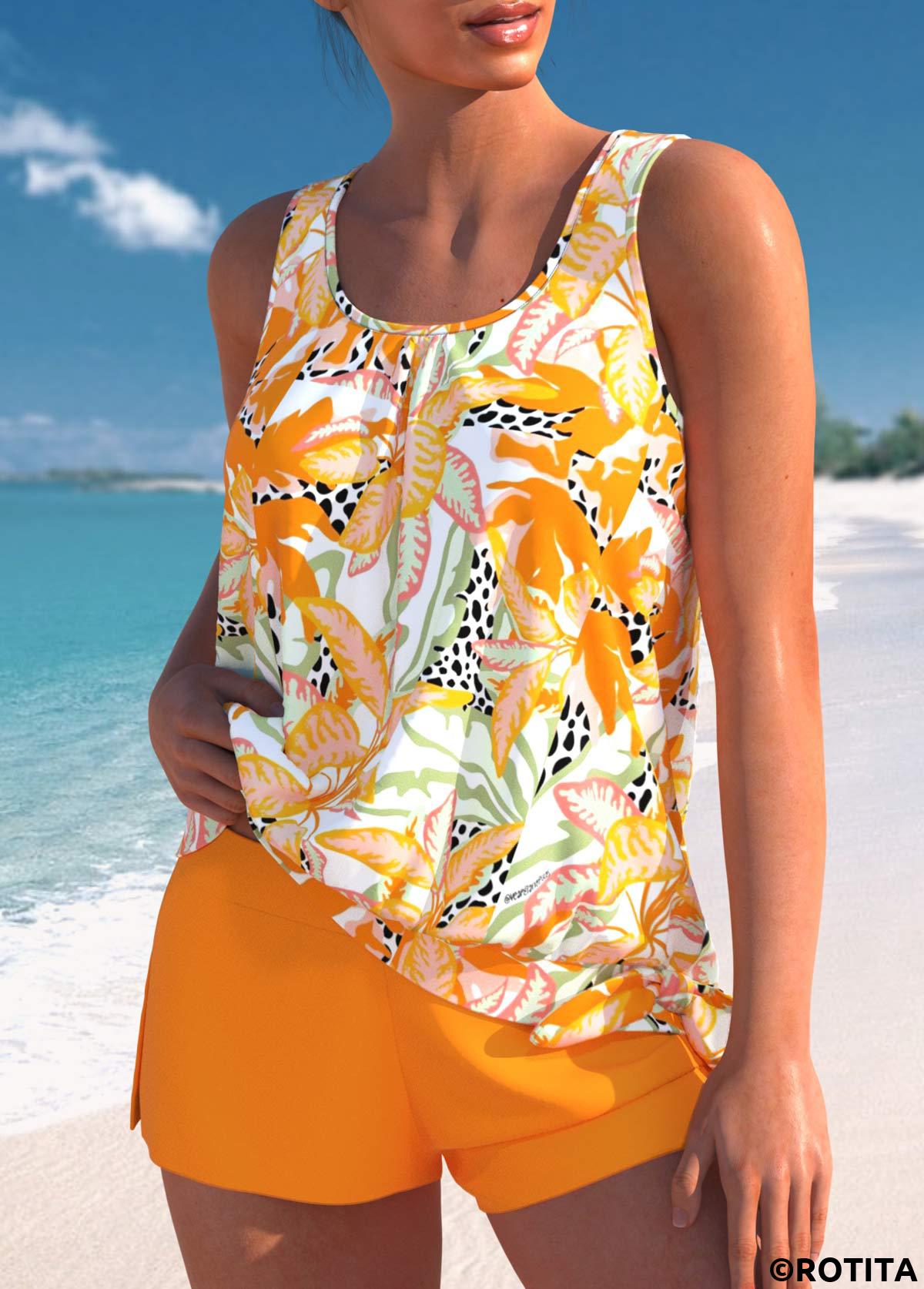 Yellow swimwear,Plants swimwear,ROTITA Bowknot Yellow Leaf Print Mid Waisted Tankini Set