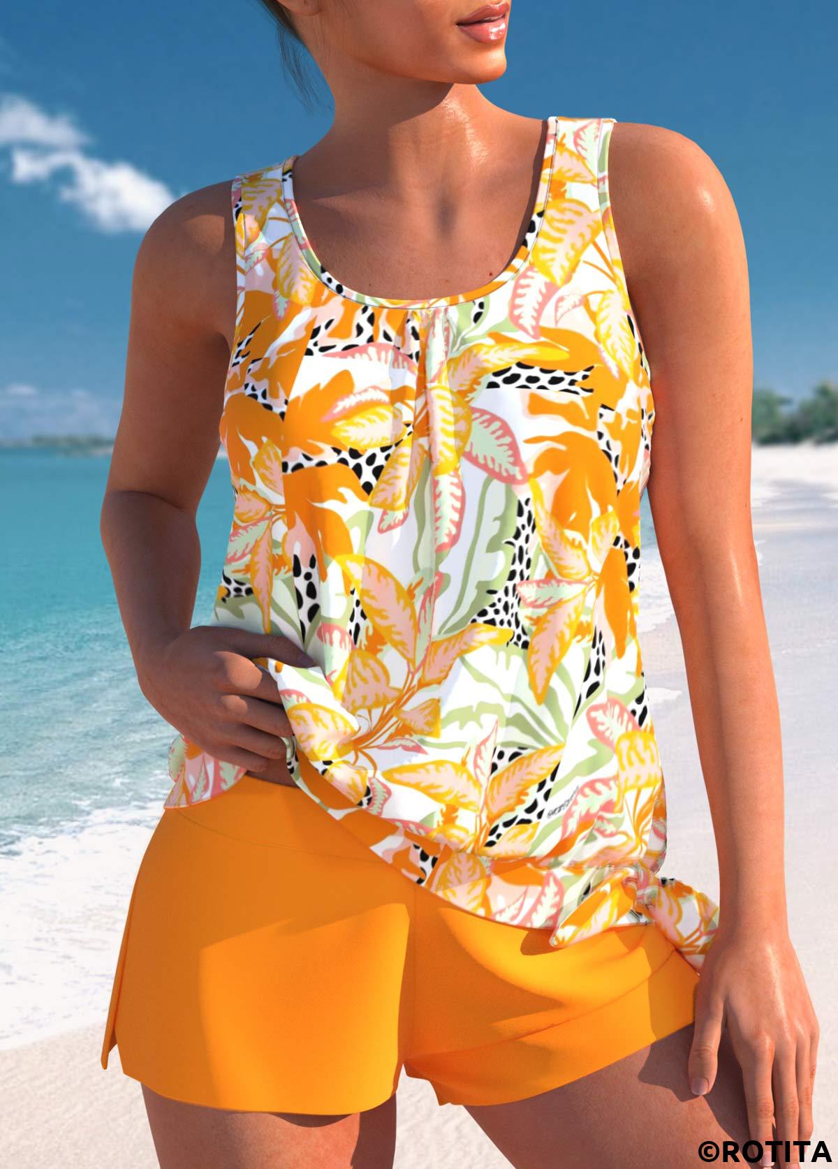 Yellow swimwear,Plants swimwear,ROTITA Bowknot Yellow Leaf Print Mid Waisted Tankini Set