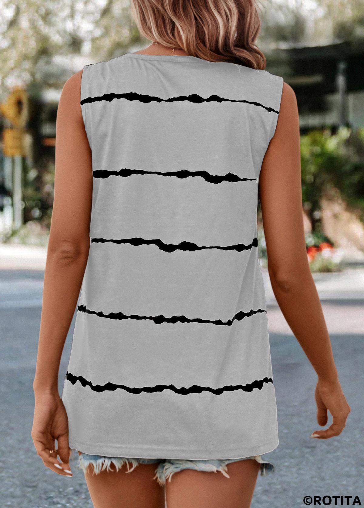 Grey tops,Striped tops,ROTITA Striped Grey V Neck Tank Top