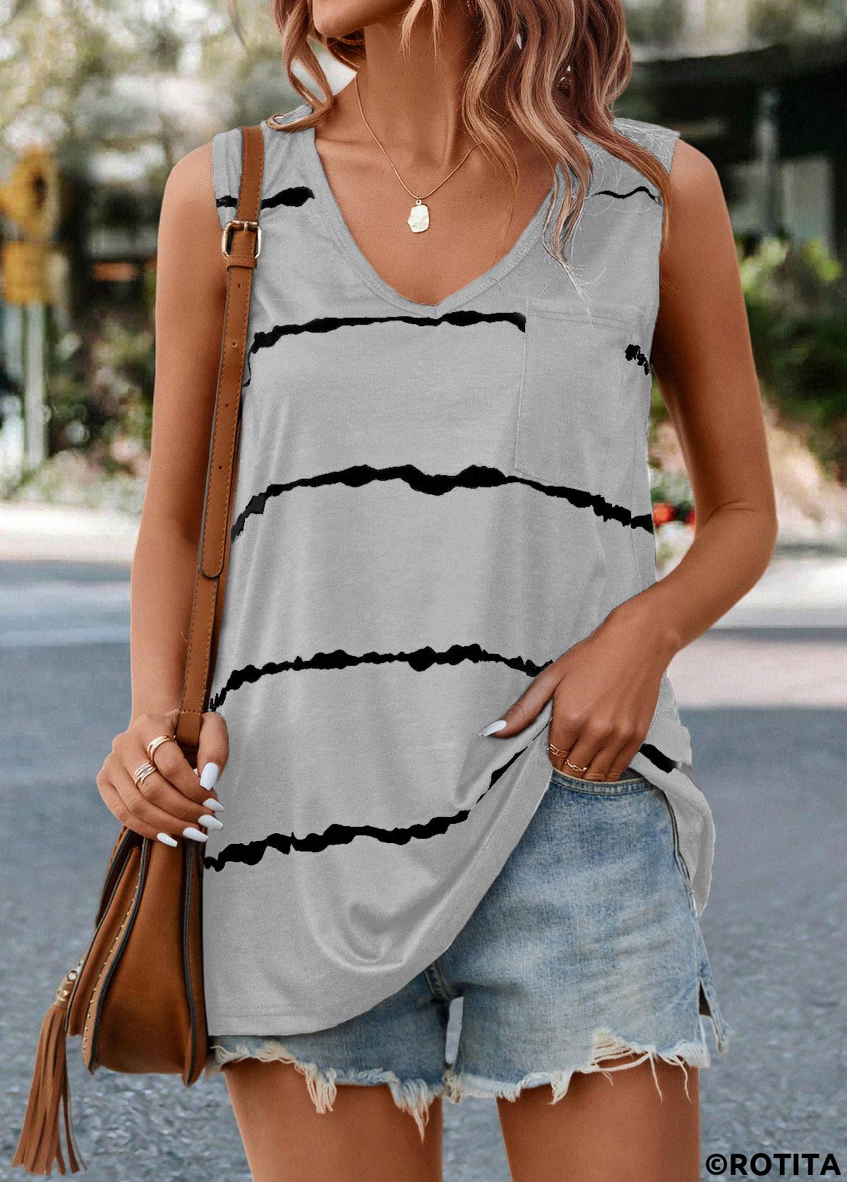Grey tops,Striped tops,ROTITA Striped Grey V Neck Tank Top