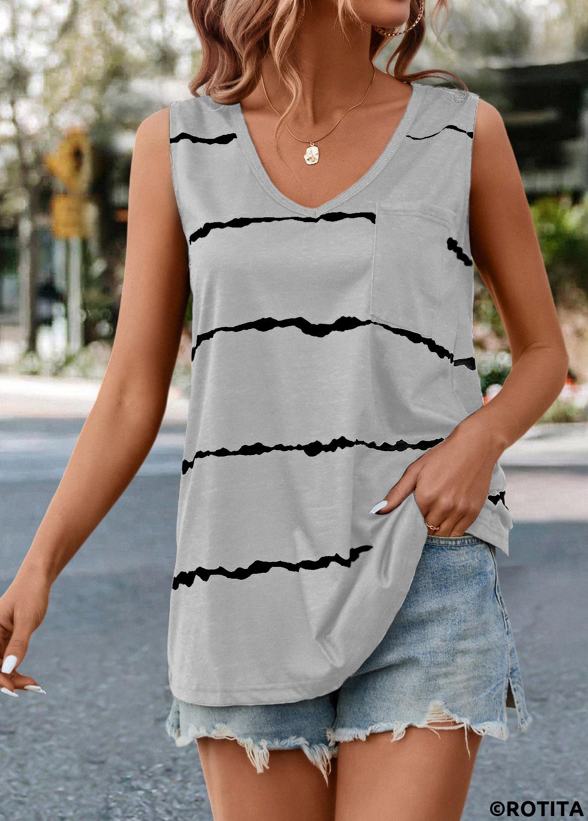 Grey tops,Striped tops,ROTITA Striped Grey V Neck Tank Top