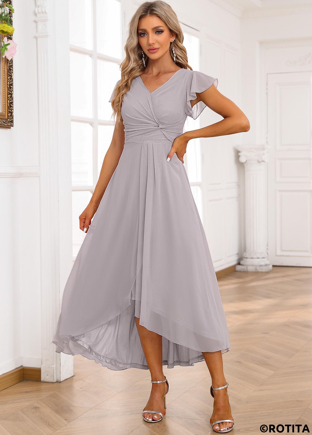 Light Grey dresses,Plain Color dresses,Party dresses,Elegant dresses,ROTITA Twist Light Grey V Neck Short Sleeve Dress