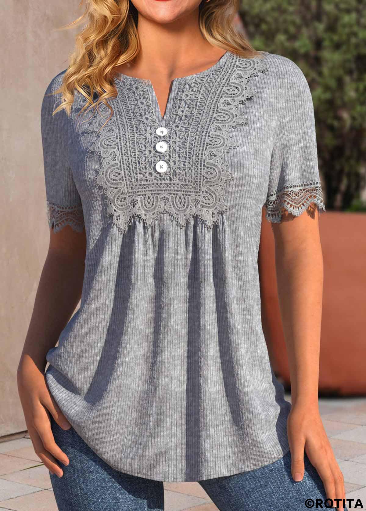 Grey tops,Plain Color tops,ROTITA Ruched Grey Split Neck Short Sleeve T Shirt