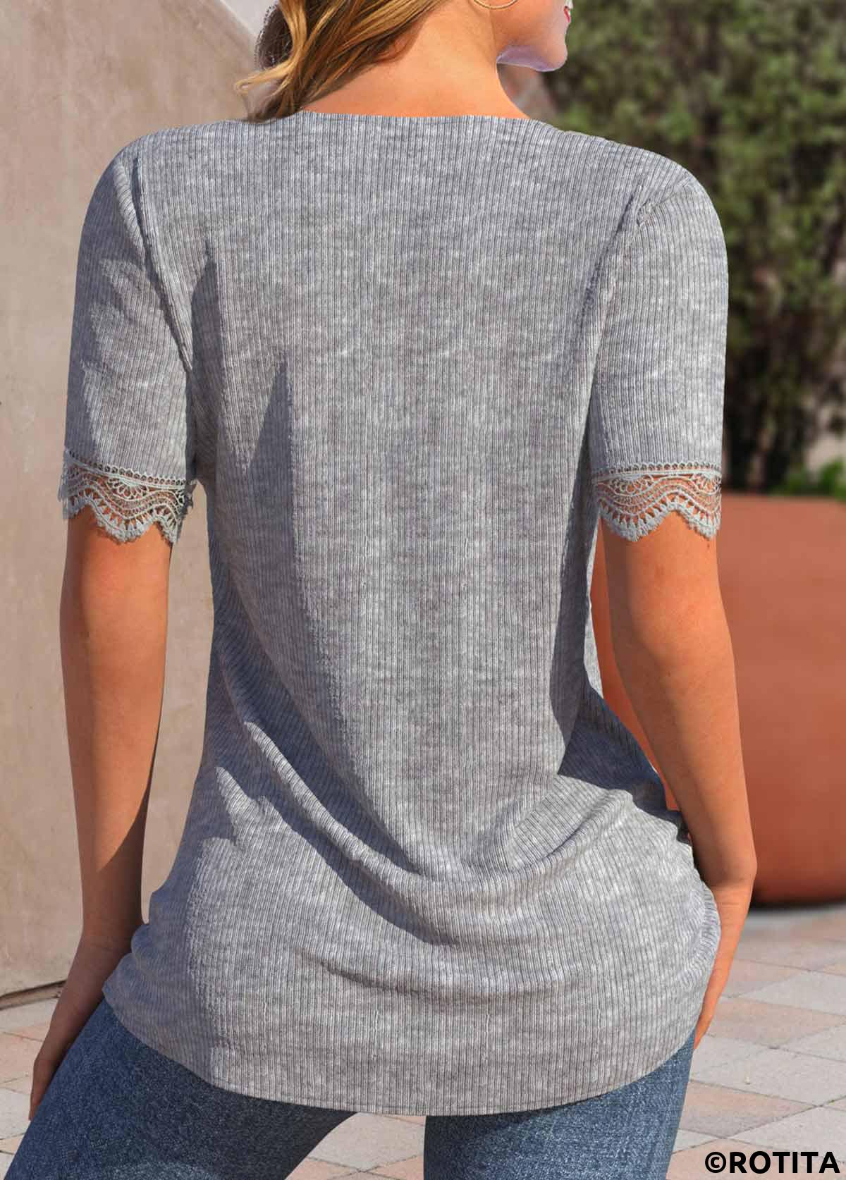 Grey tops,Plain Color tops,ROTITA Ruched Grey Split Neck Short Sleeve T Shirt
