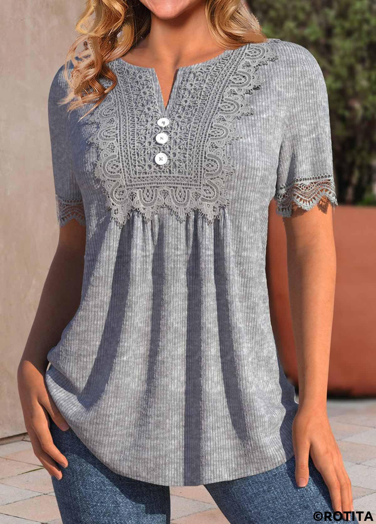 Grey tops,Plain Color tops,ROTITA Ruched Grey Split Neck Short Sleeve T Shirt