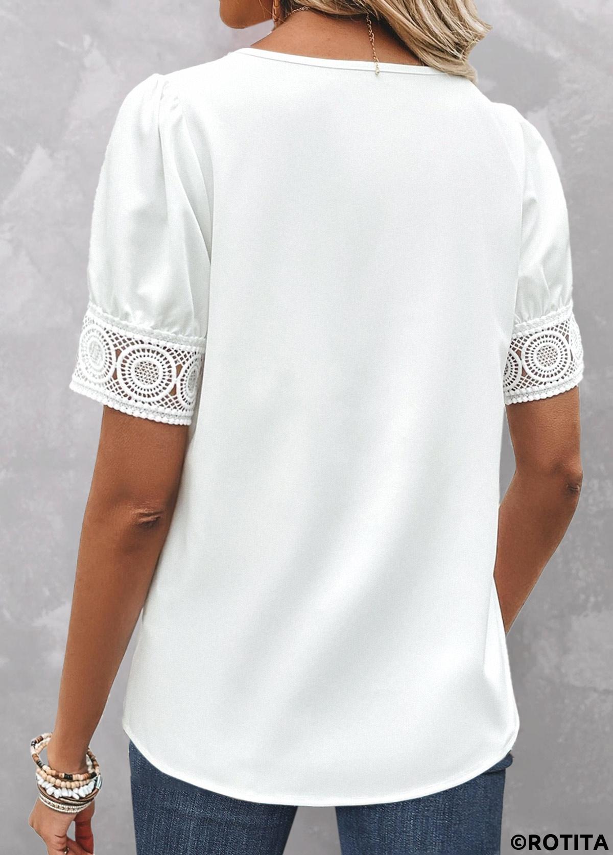 White tops,Plain Color tops,ROTITA Patchwork White Asymmetrical Neck Short Sleeve Blouse