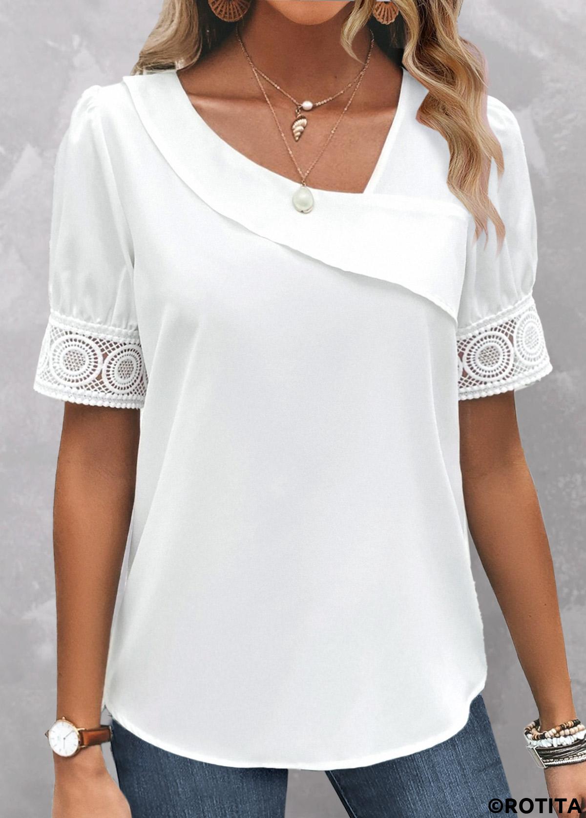 White tops,Plain Color tops,ROTITA Patchwork White Asymmetrical Neck Short Sleeve Blouse