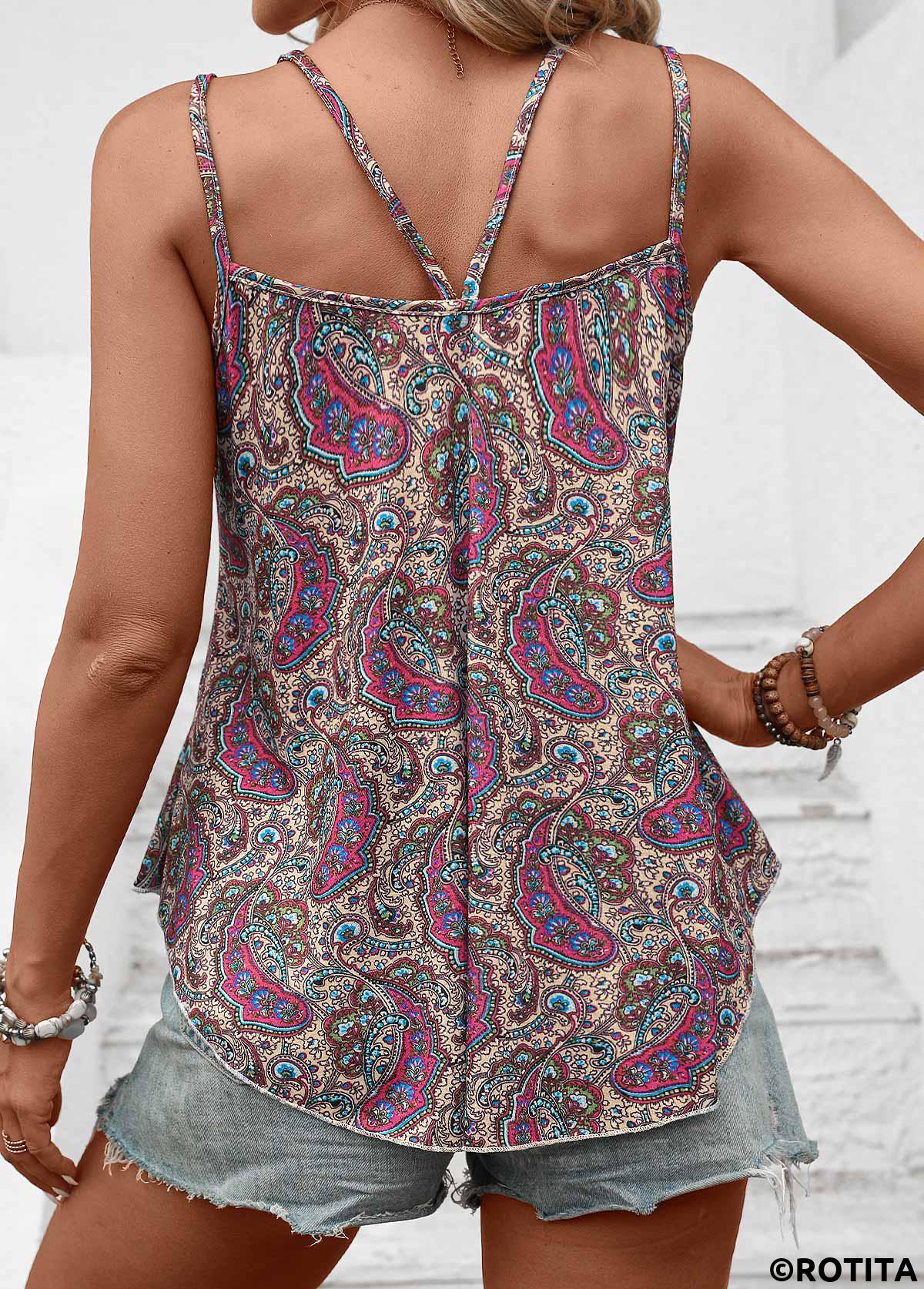 Light Camel tops,Tribal tops,ROTITA Asymmetry Tribal Print Light Camel Camisole Top