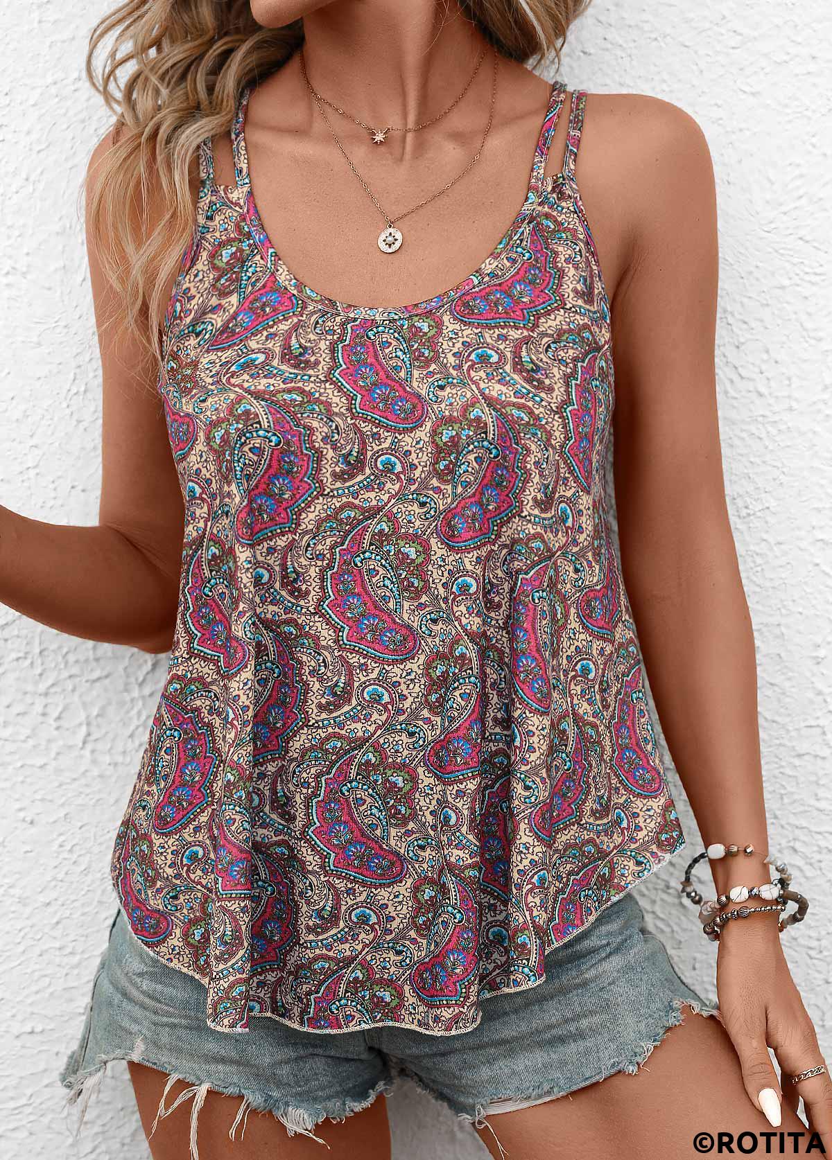 Light Camel tops,Tribal tops,ROTITA Asymmetry Tribal Print Light Camel Camisole Top