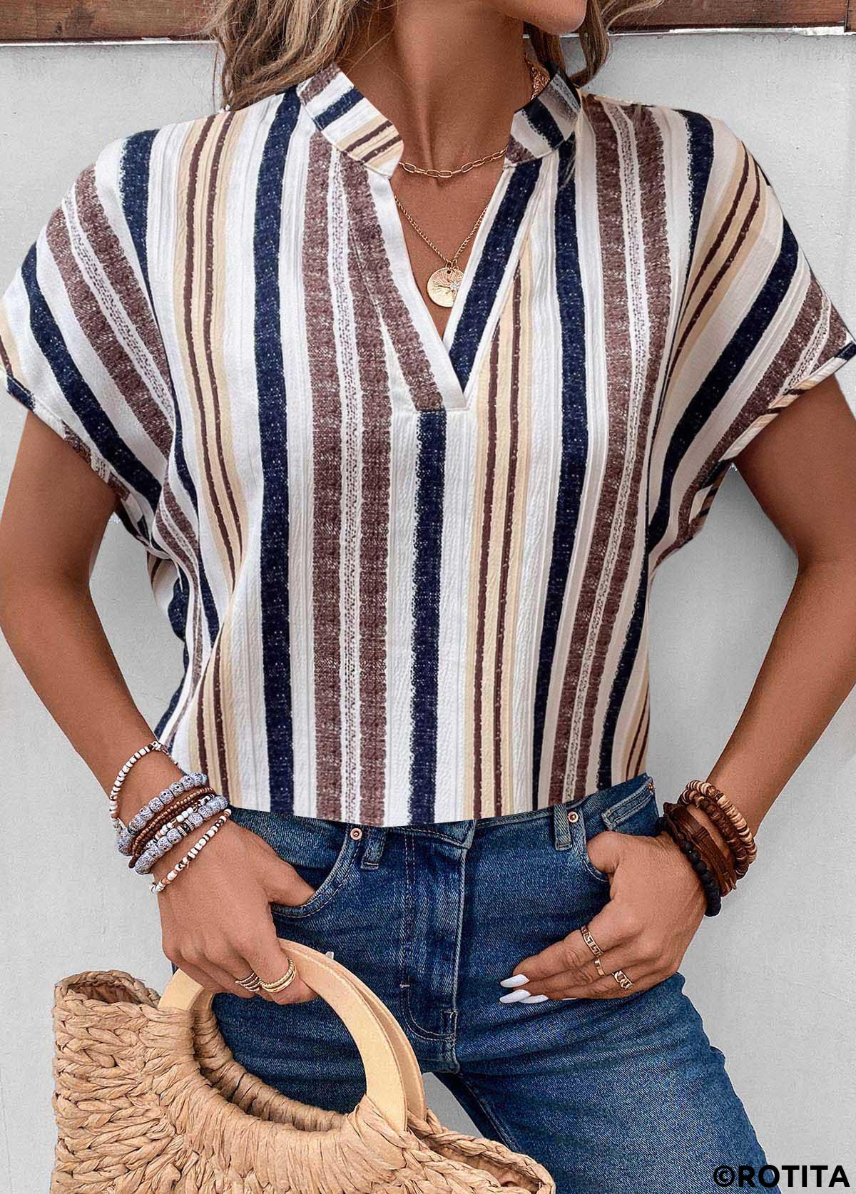 ROTITA Split Striped Multi Color Short Sleeve Blouse