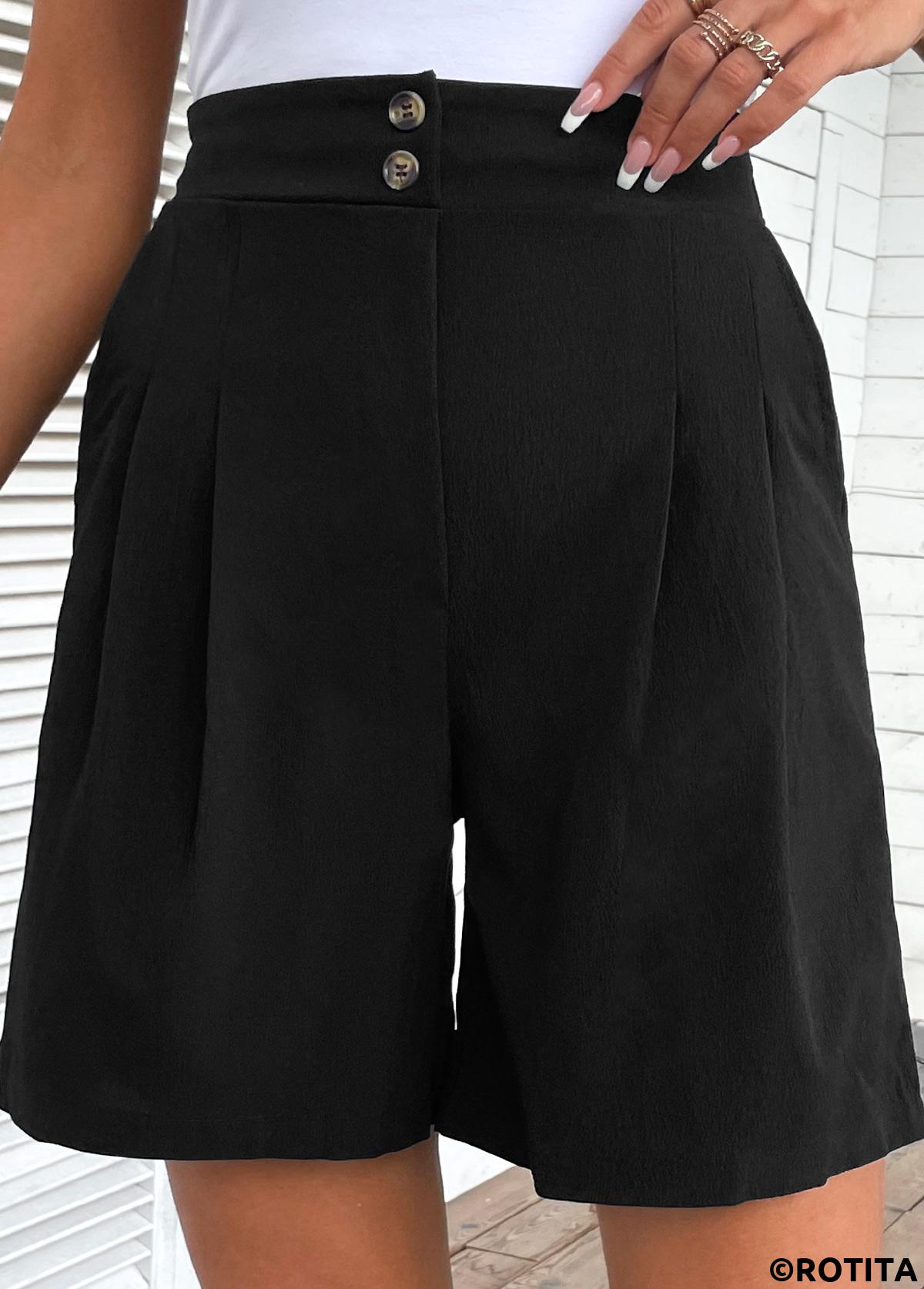 Black bottoms,Plain Color bottoms,Black Plain Color High Waisted Button Up Shorts