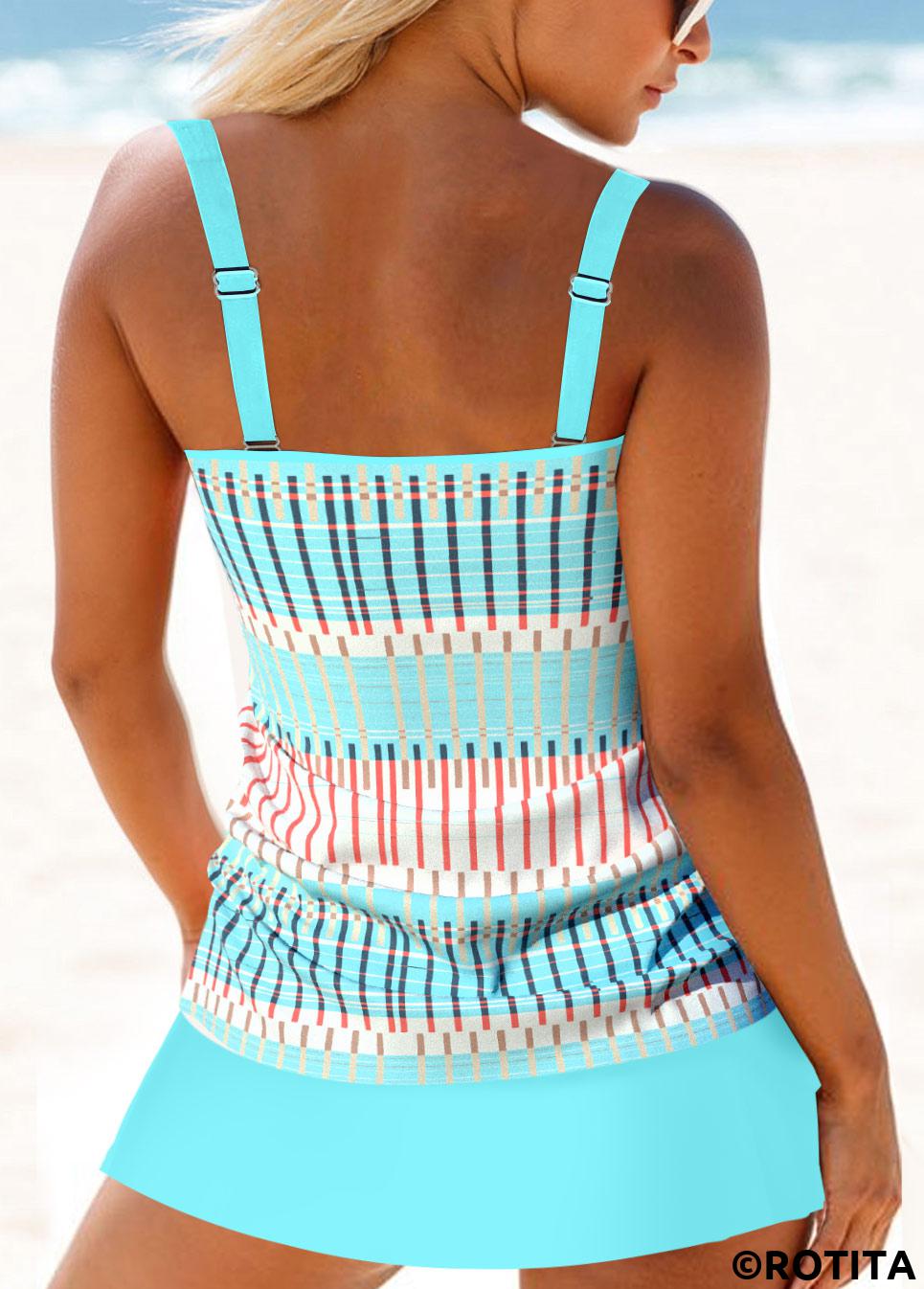 Light Blue swimwear,Geometric swimwear,Striped swimwear,ROTITA Drawstring Light Blue Geometric Print Tankini Set