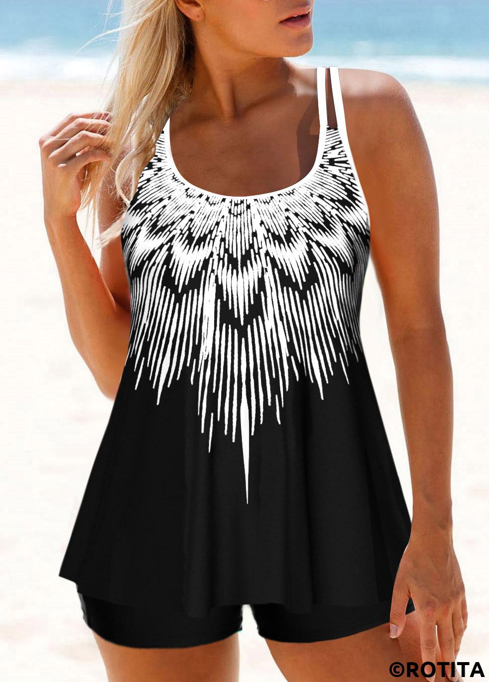 Black swimwear,White swimwear,Tribal swimwear,Geometric swimwear,Striped swimwear,ROTITA Patchwork Black Tribal Print Tankini Top