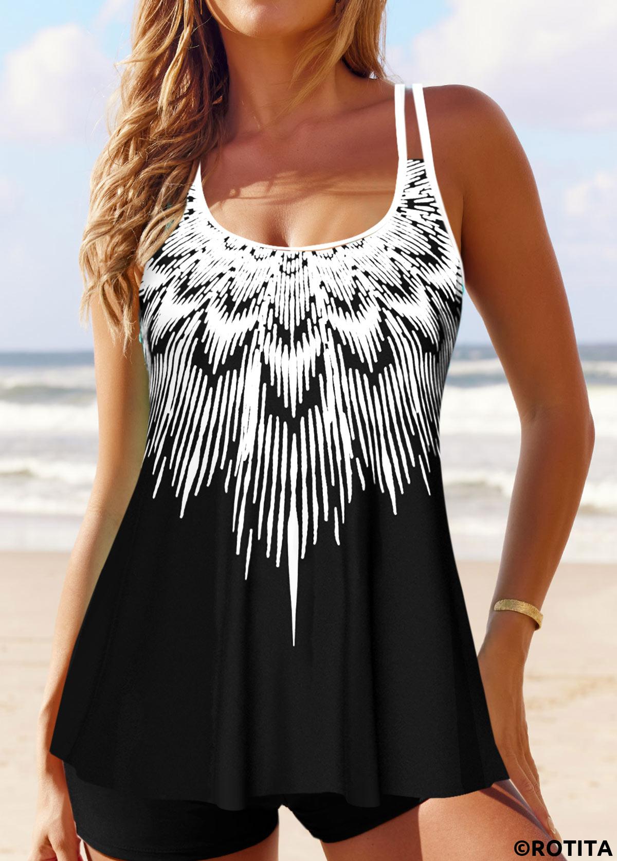 Black swimwear,White swimwear,Tribal swimwear,Geometric swimwear,Striped swimwear,ROTITA Patchwork Black Tribal Print Tankini Top