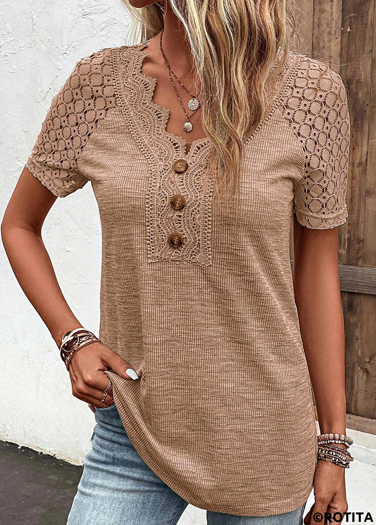 Dark Camel tops,Plain Color tops,ROTITA Lace Dark Camel V Neck T Shirt