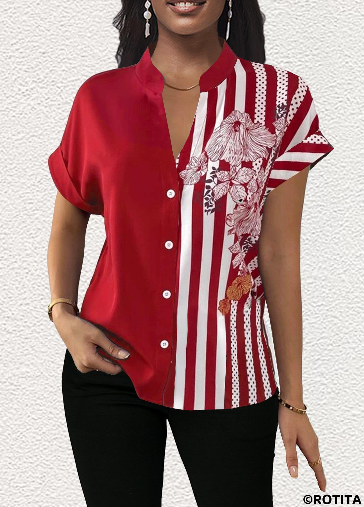 Red tops,Floral tops,Striped tops,Dot tops,ROTITA Patchwork Floral Print Red V Neck Short Sleeve Blouse