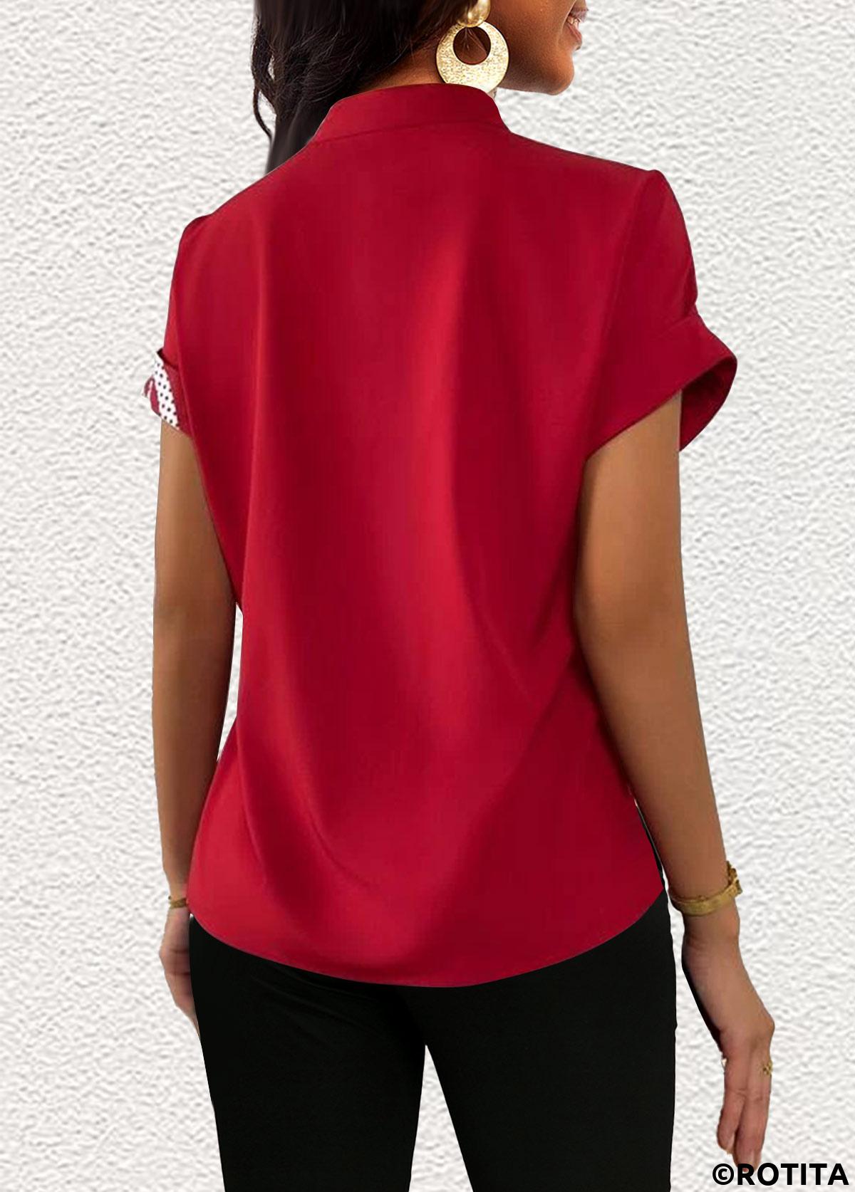 Red tops,Floral tops,Striped tops,Dot tops,ROTITA Patchwork Floral Print Red V Neck Short Sleeve Blouse