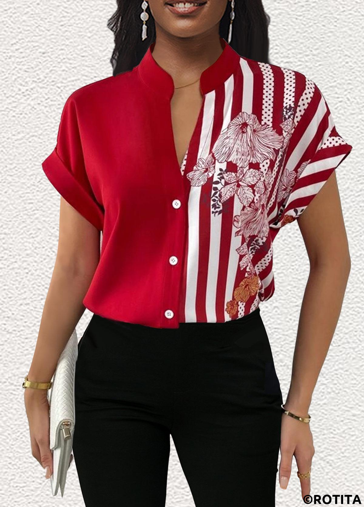 Red tops,Floral tops,Striped tops,Dot tops,ROTITA Patchwork Floral Print Red V Neck Short Sleeve Blouse