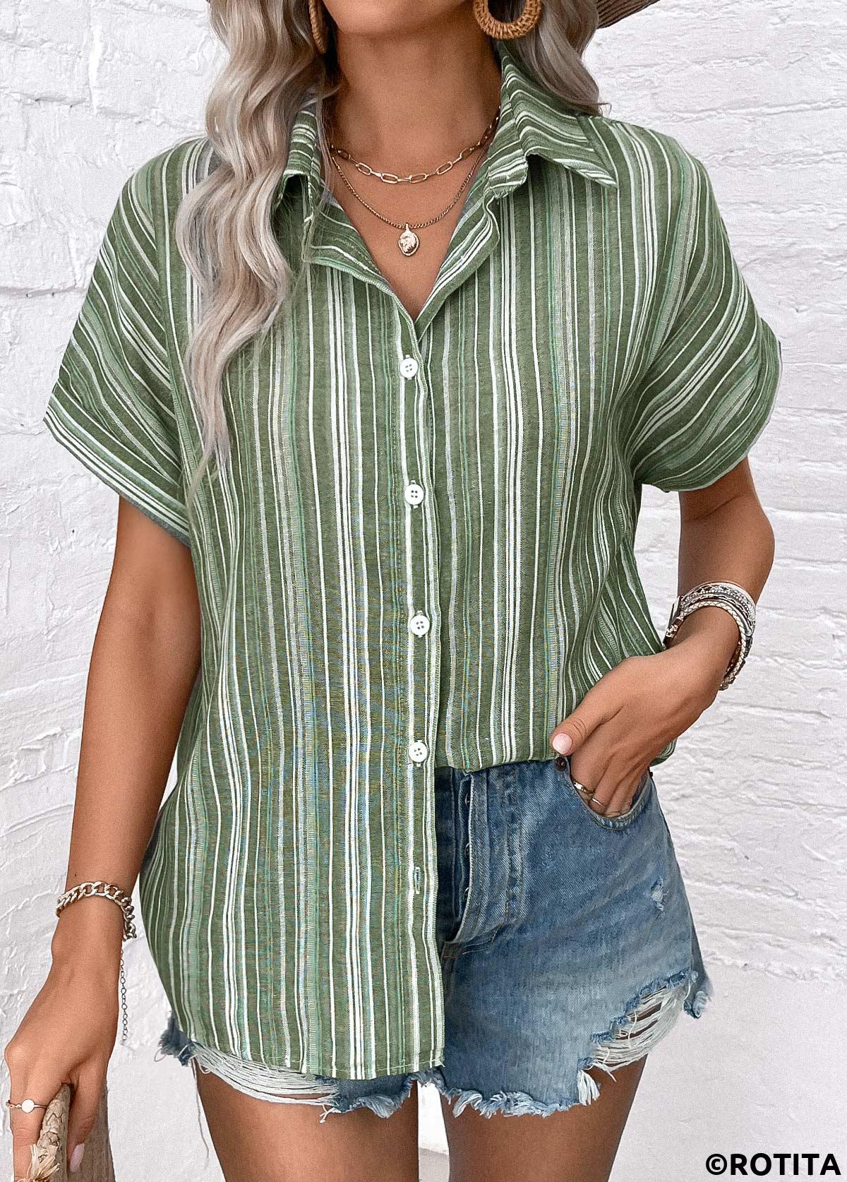 Sage Green tops,Striped tops,ROTITA Button Striped Sage Green Shirt Collar Blouse