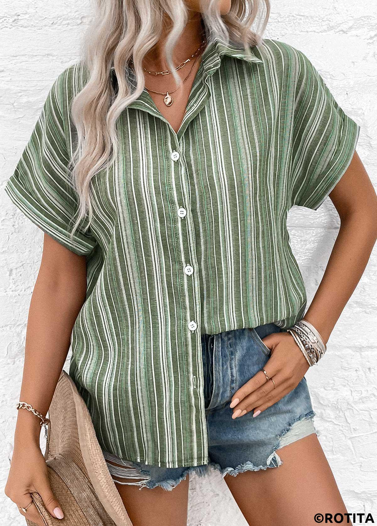 Sage Green tops,Striped tops,ROTITA Button Striped Sage Green Shirt Collar Blouse