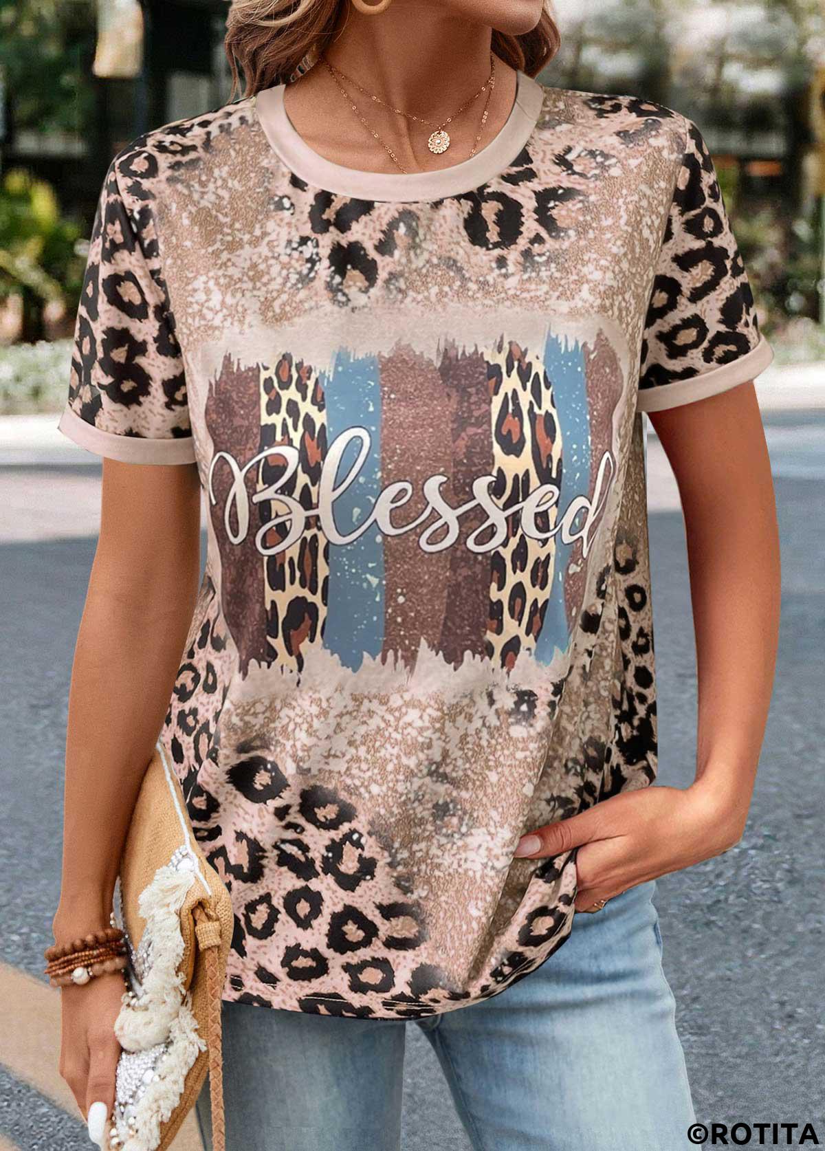 Light Camel tops,Leopard tops,ROTITA Patchwork Leopard Light Camel Round Neck T Shirt