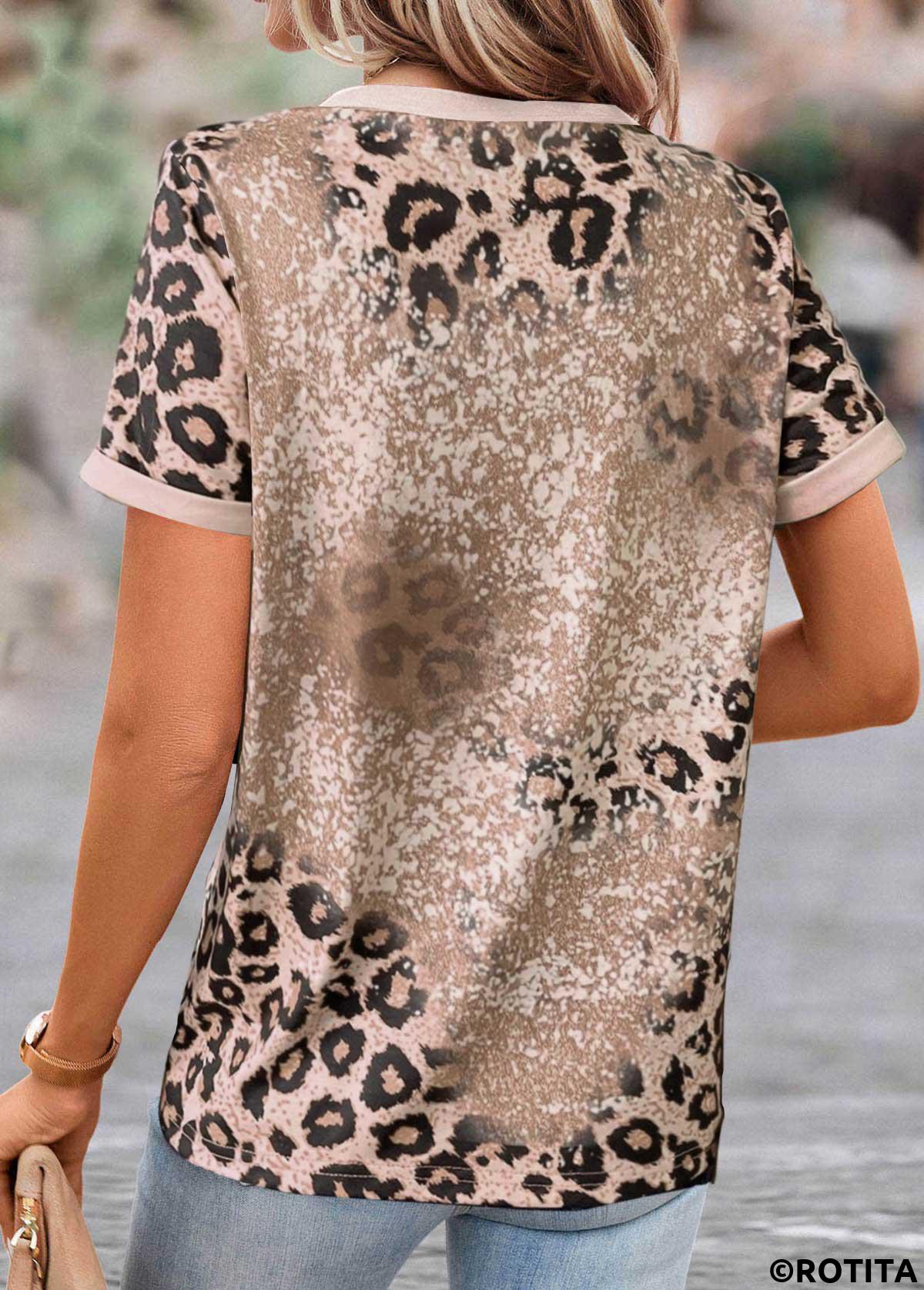 Light Camel tops,Leopard tops,ROTITA Patchwork Leopard Light Camel Round Neck T Shirt