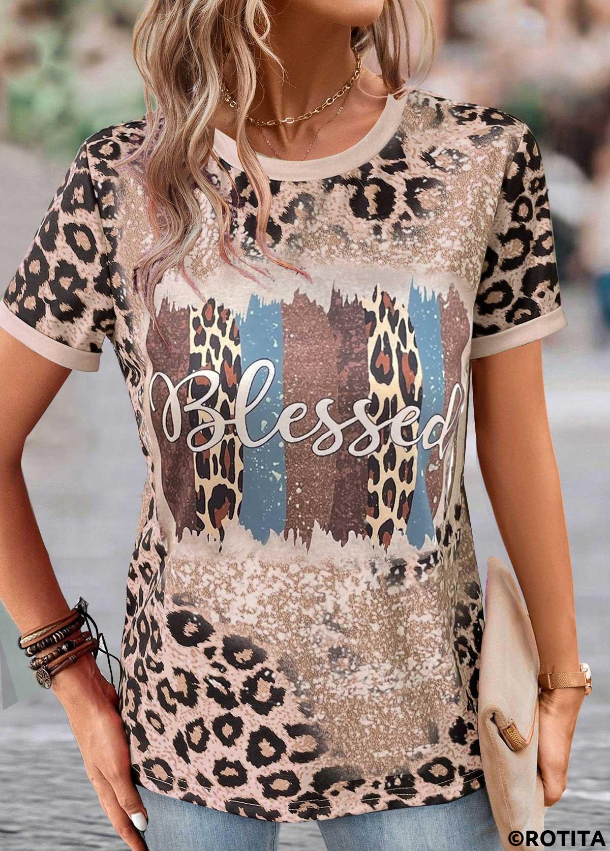 Light Camel tops,Leopard tops,ROTITA Patchwork Leopard Light Camel Round Neck T Shirt