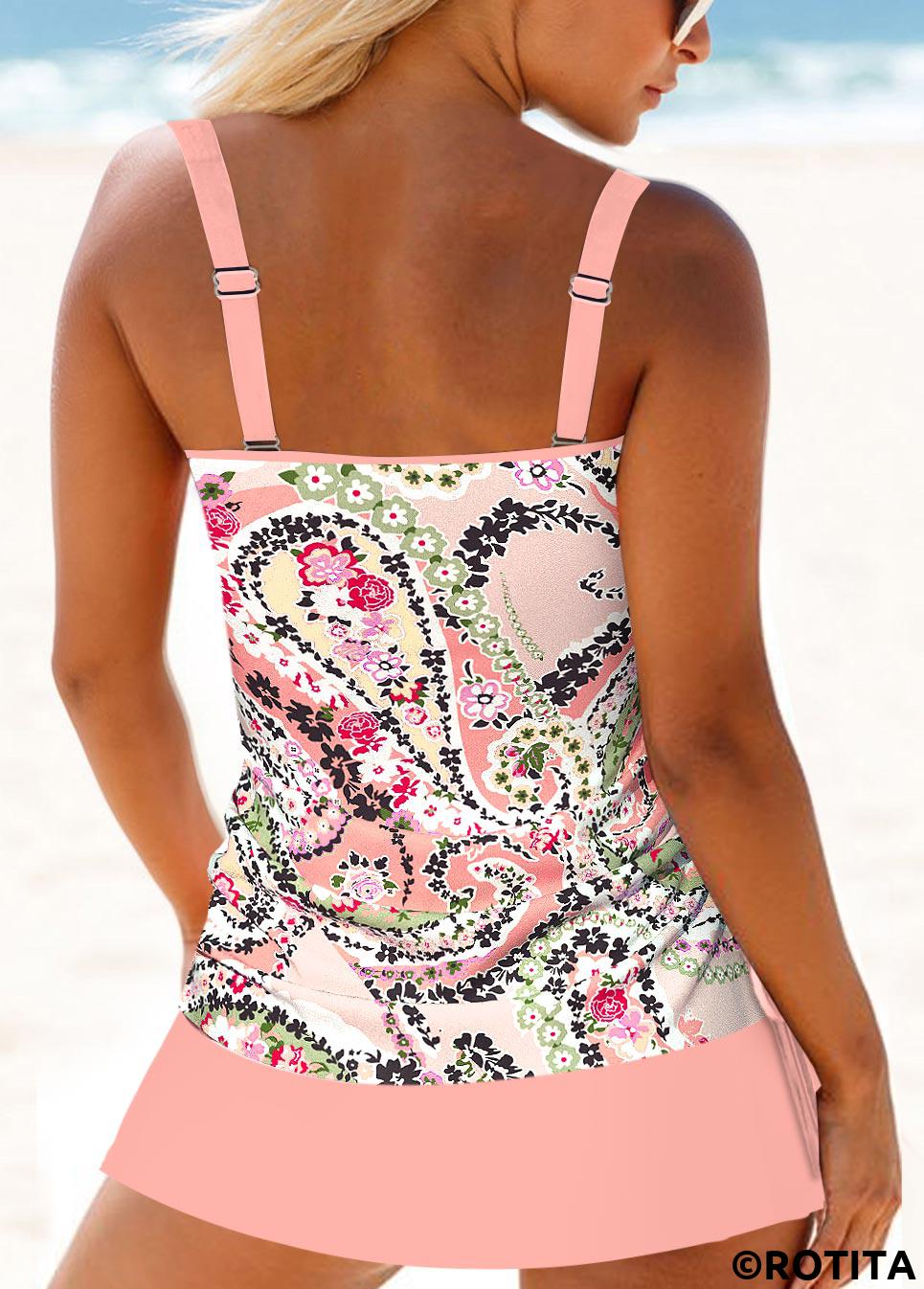 Pink swimwear,Paisley swimwear,Ditsy Floral swimwear,ROTITA Drawstring Pink Paisley Print Mid Waisted Tankini Set