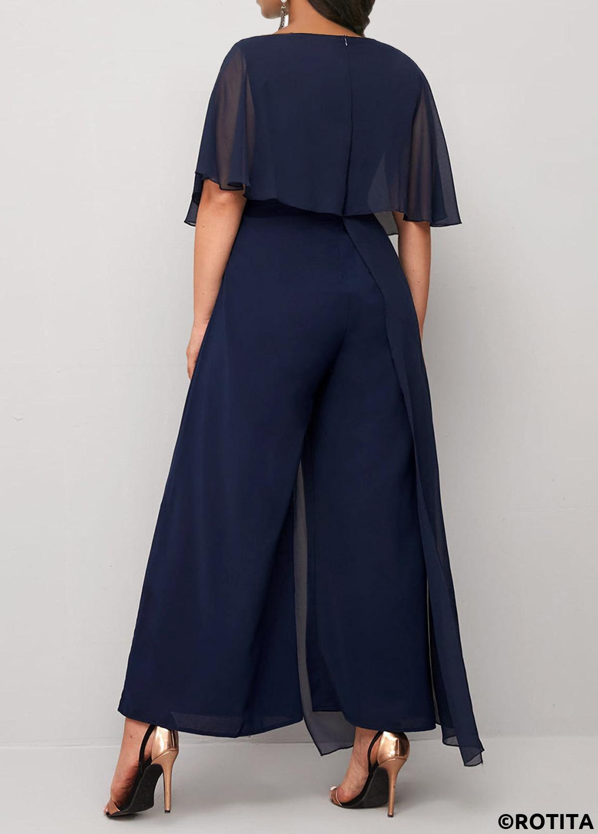 Navy jumpsuits&rompers,Plain Color jumpsuits&rompers,ROTITA Asymmetry Navy Ankle Length Round Neck Jumpsuit