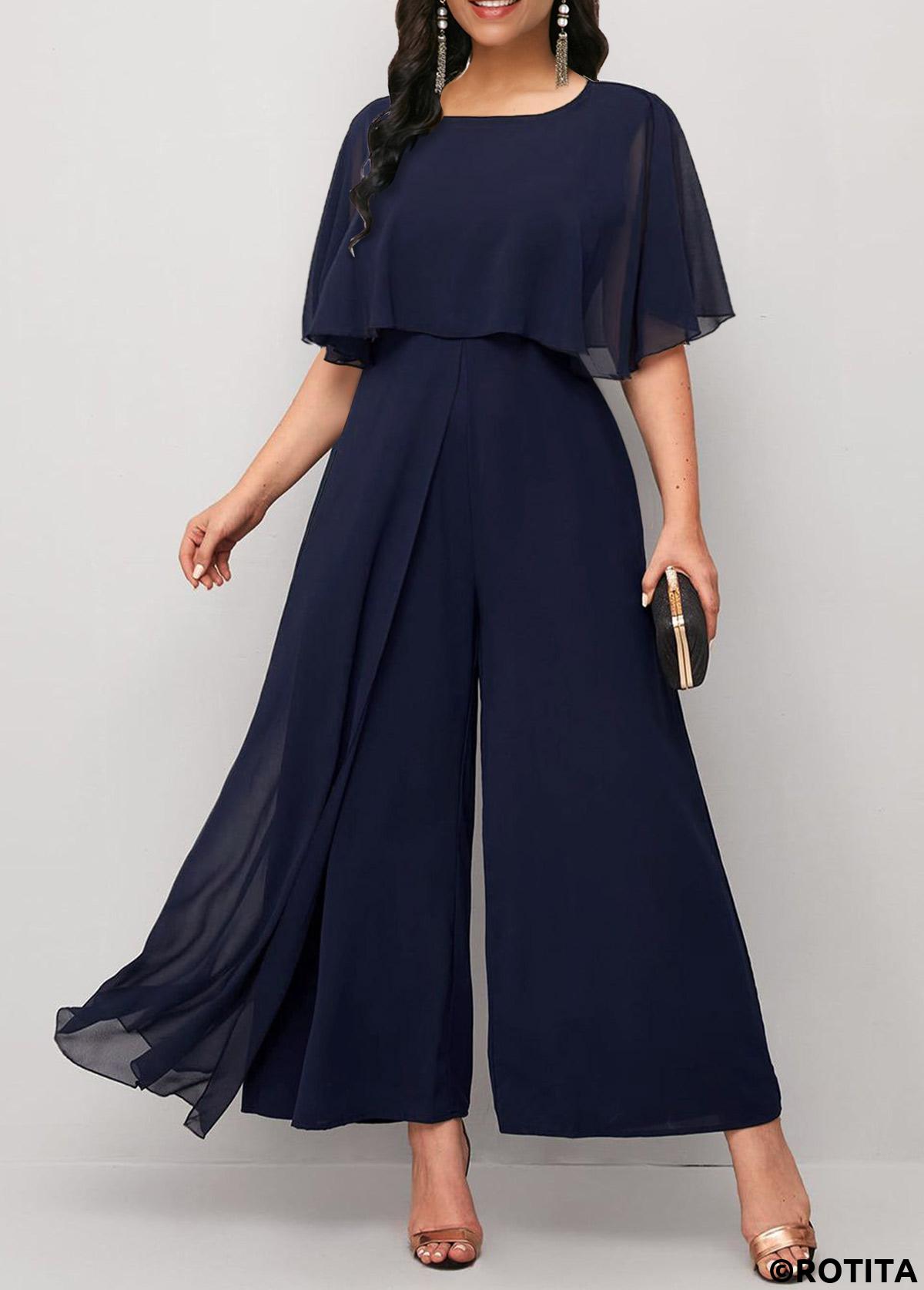Navy jumpsuits&rompers,Plain Color jumpsuits&rompers,ROTITA Asymmetry Navy Ankle Length Round Neck Jumpsuit