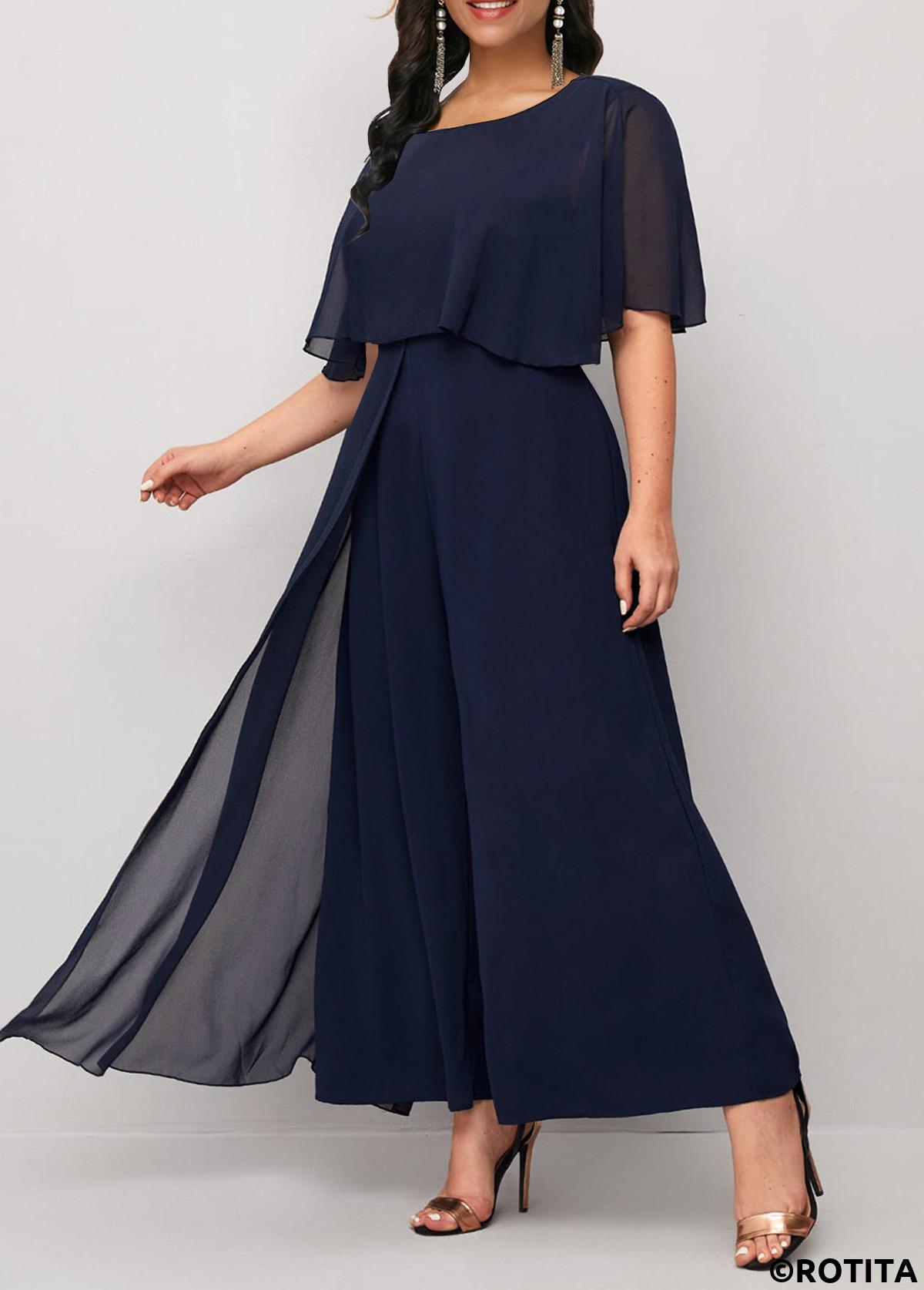 Navy jumpsuits&rompers,Plain Color jumpsuits&rompers,ROTITA Asymmetry Navy Ankle Length Round Neck Jumpsuit