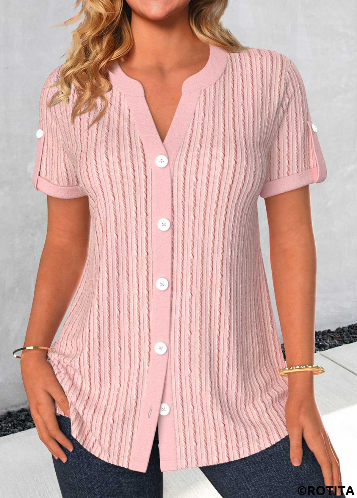 Light Pink tops,Plain Color tops,ROTITA Button Light Pink Split Neck Short Sleeve Blouse