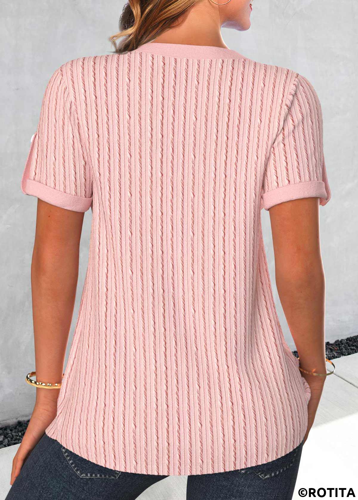 Light Pink tops,Plain Color tops,ROTITA Button Light Pink Split Neck Short Sleeve Blouse